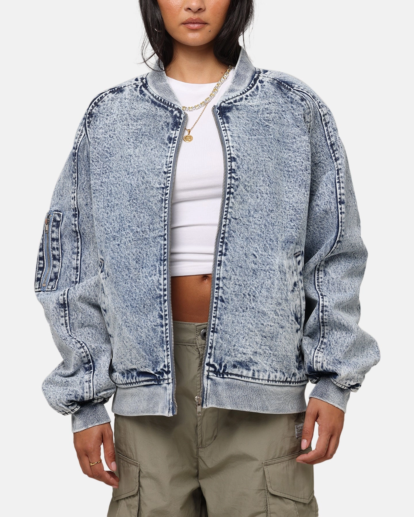 Saint Morta Flight Denim Jacket Blue Stonewash Adjustable Waist Tabs