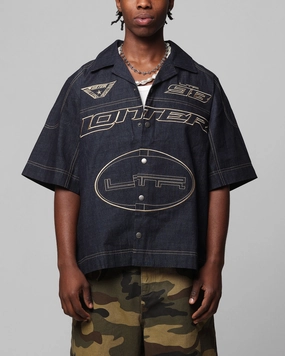 Loiter Motor Denim Button Up Shirt Indigo Adjustable Cuffs