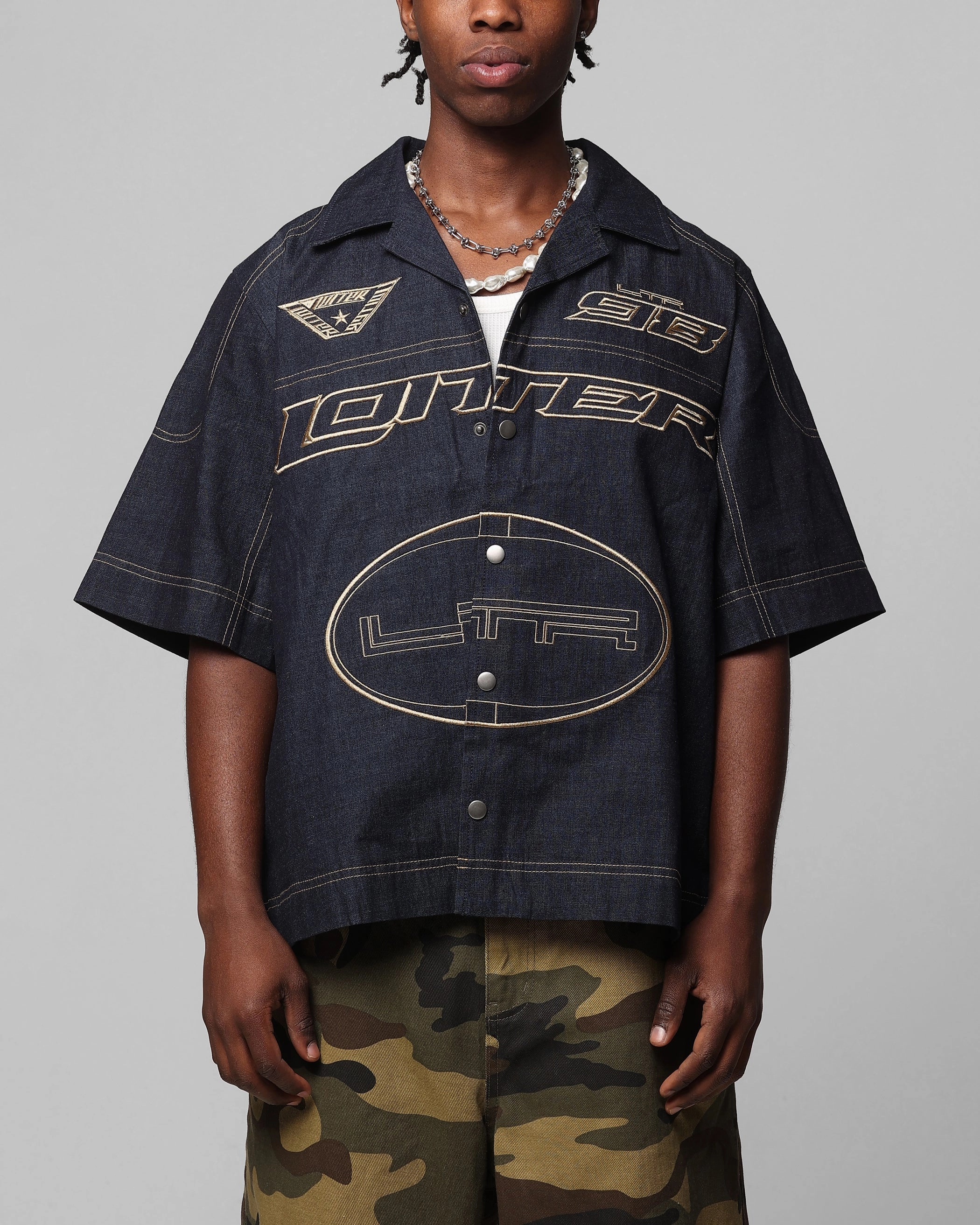 Loiter Motor Denim Button Up Shirt Indigo Adjustable Cuffs