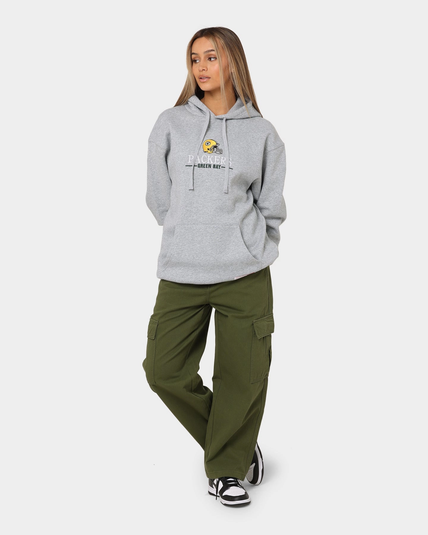 Adjustable Collectible Mitchell & Ness Green Bay Packers Helmet Stack Hoodie Grey Marle
