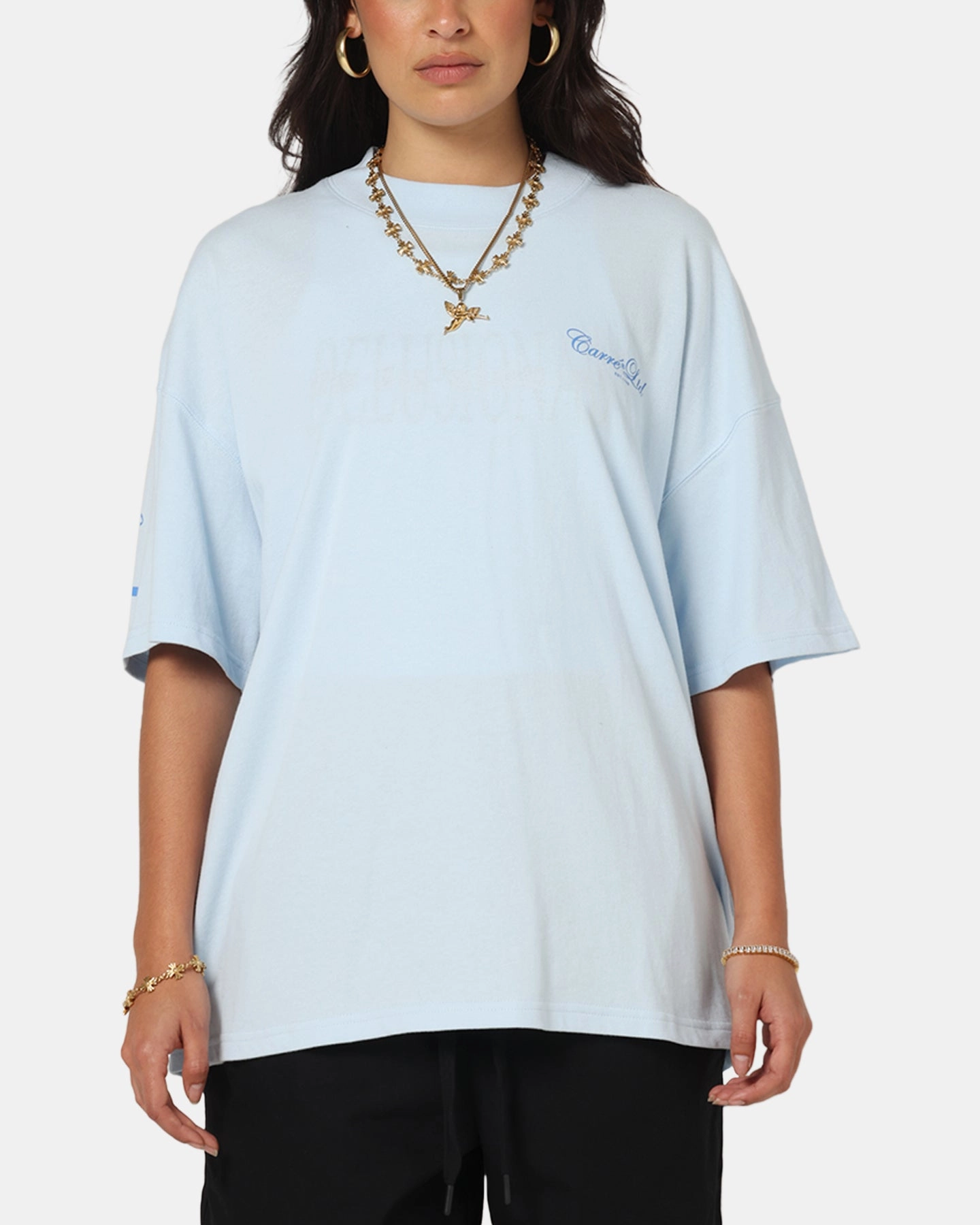 Light and Cozy Carre Side Script Oversized T-Shirt Baby Blue