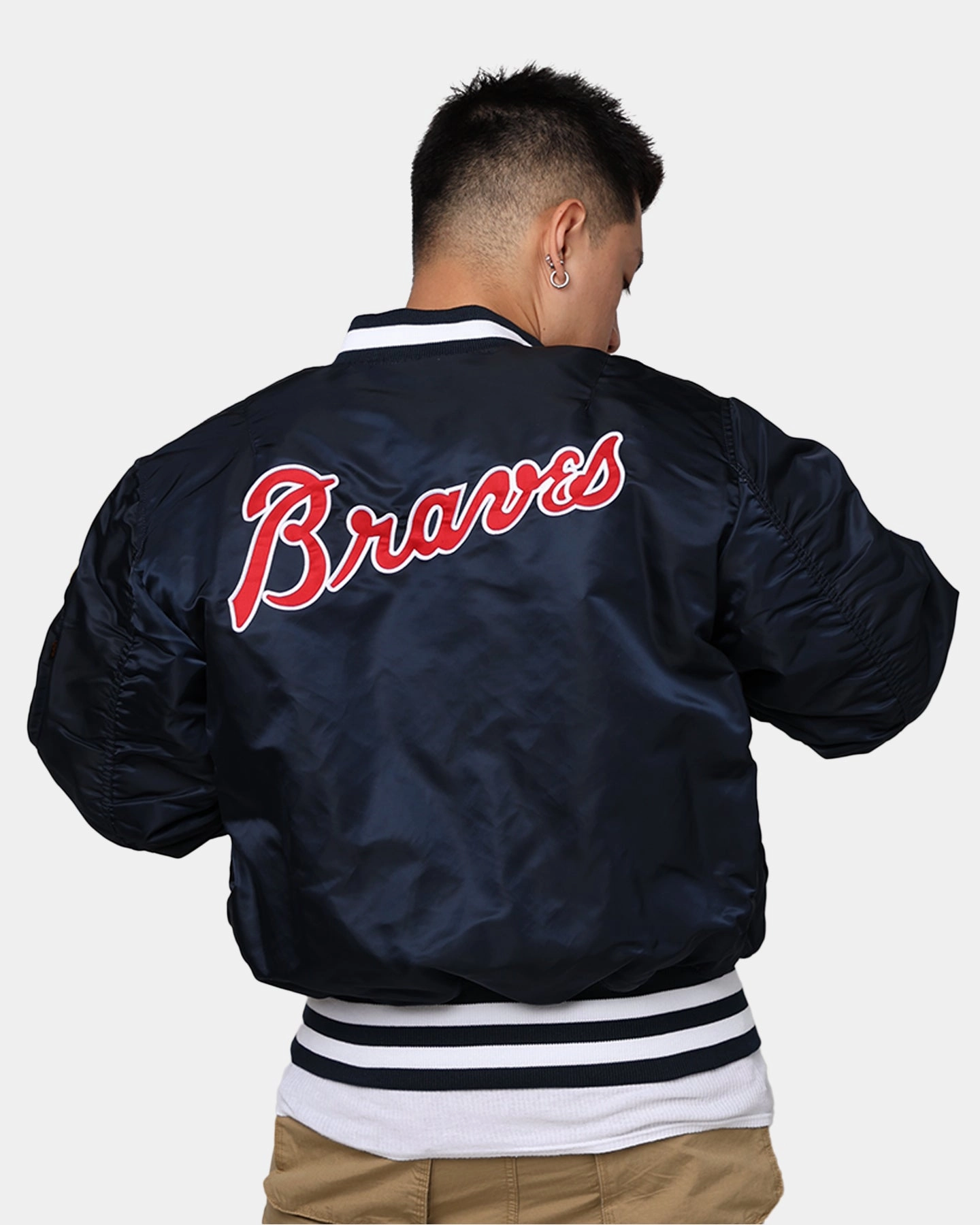 New Era X Alpha Series X MLB Atlanta Braves MA-1 Bomber Jacket Black Durable Shield Easy Care