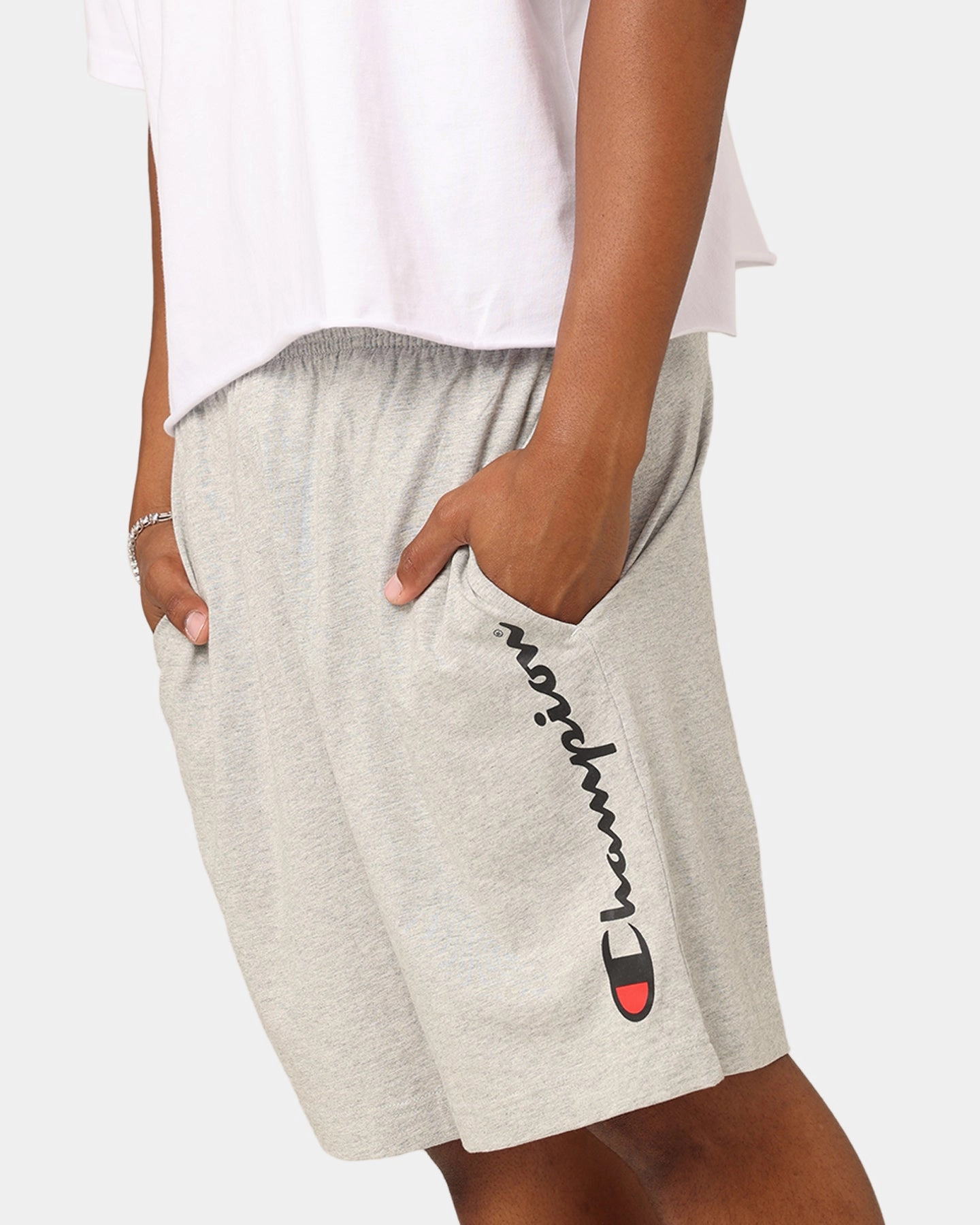 Champion Script Jersey Shorts Oxford Heather Travel Style