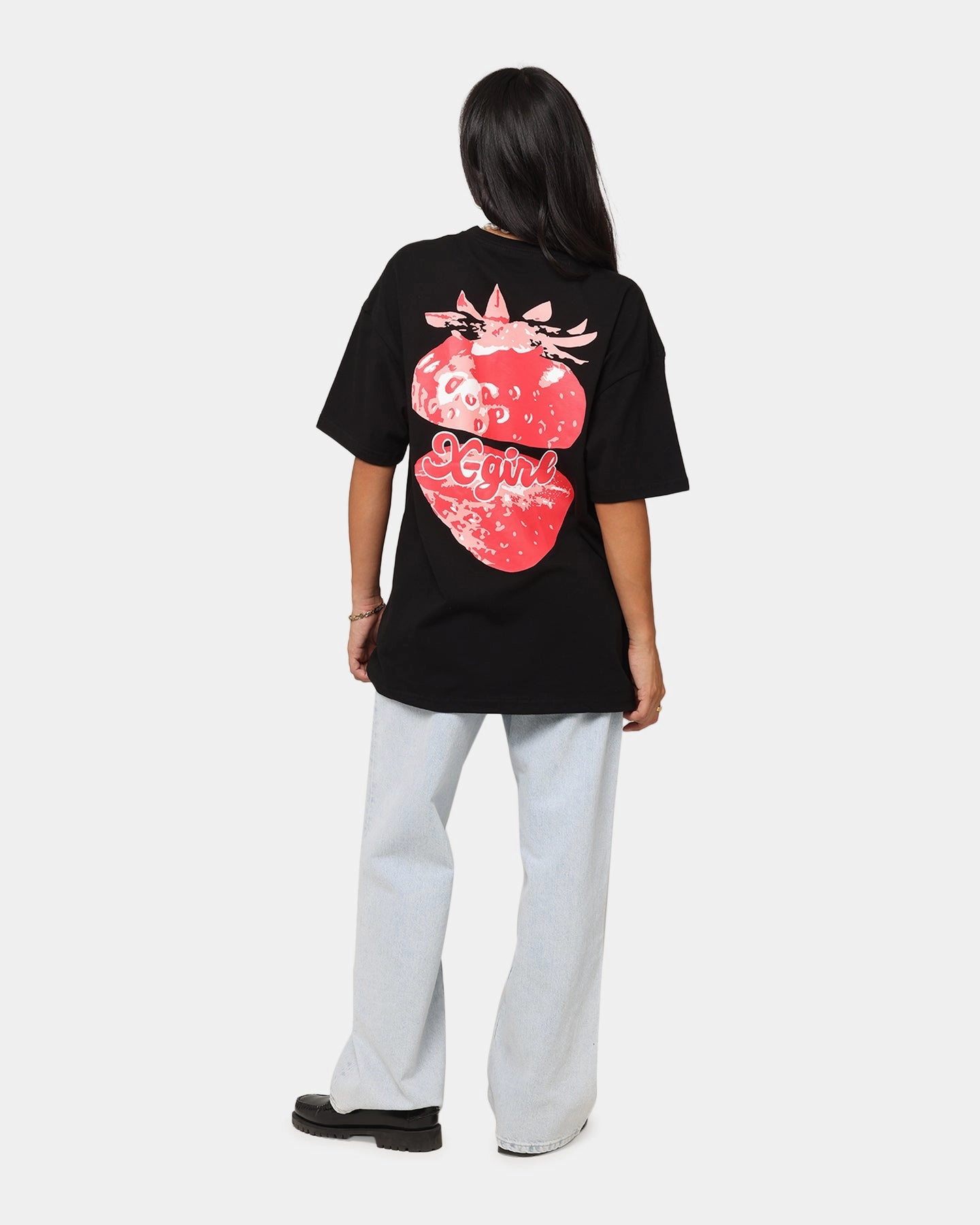 X-Girl Women's Strawberry Relaxed T-Shirt Black fade resistant color Casual Comfort Top