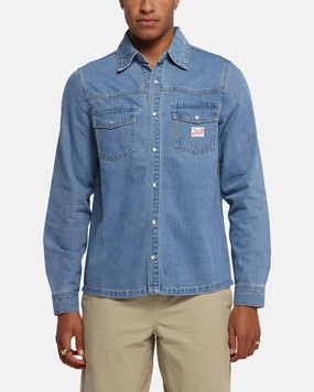 Sweat-Absorbing X-Large Denim Western Long Sleeve Shirt Mid Blue