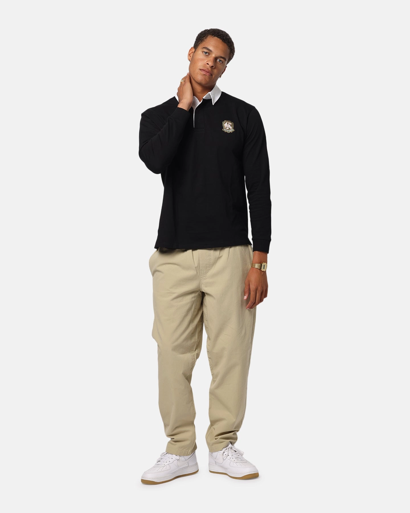 X-Large LA Shield Rugby Polo Shirt Black Recycled Polyester Mix Dimensional Stability Weave
