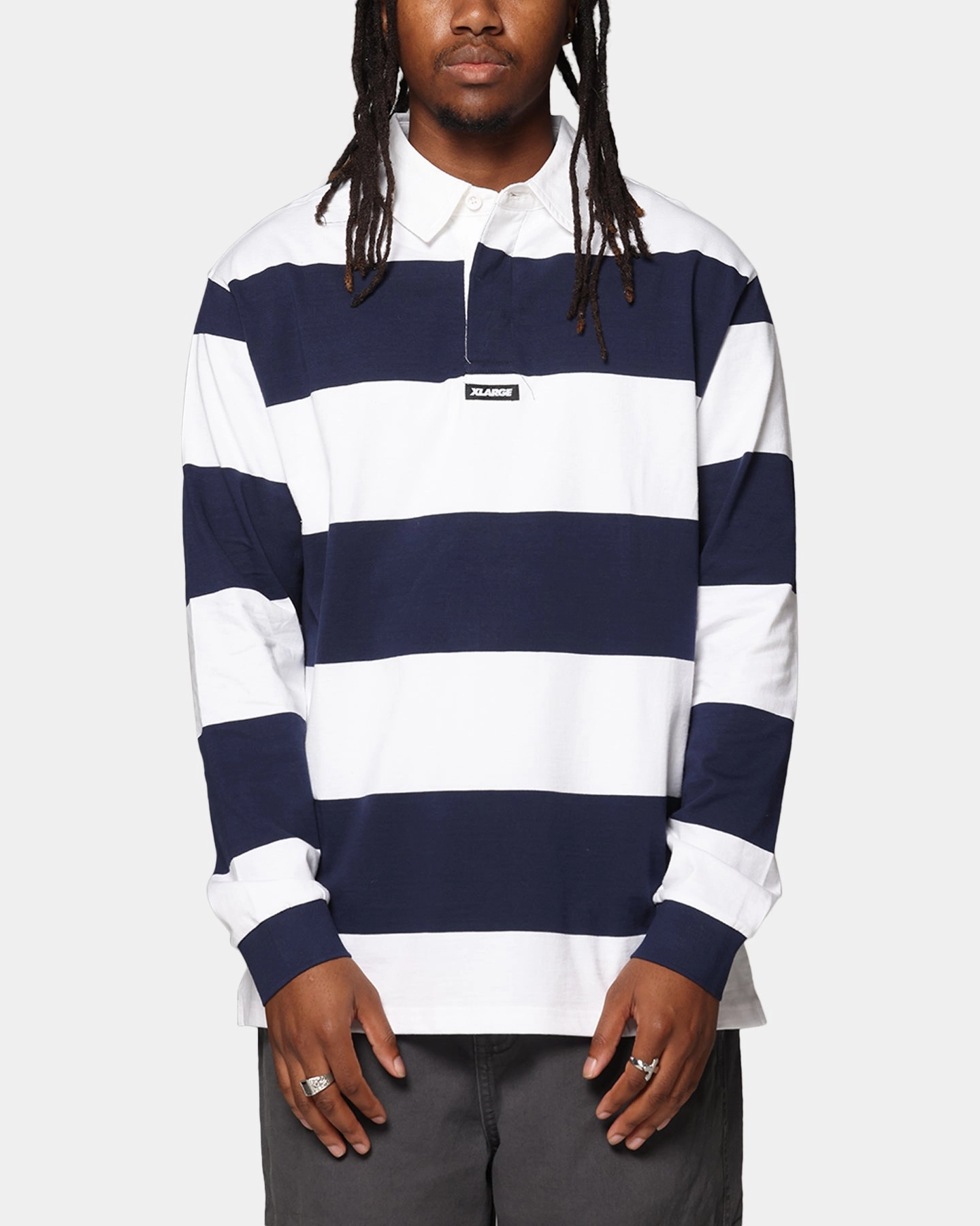 X-Large XL Stripe Rugby Jersey Navy Stretch Fabric Construction