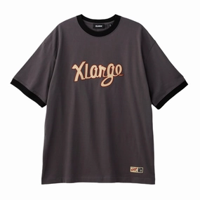Flexible Knit Glossy Texture XLarge Retro Script Ringer S/S Tee 'Charcoal'