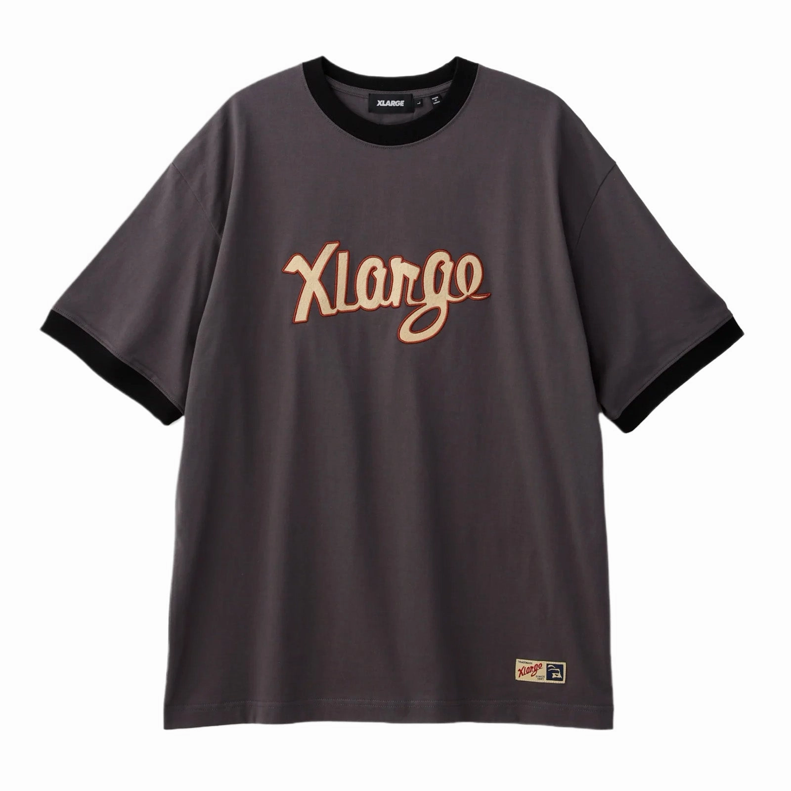 Flexible Knit Glossy Texture XLarge Retro Script Ringer S/S Tee 'Charcoal'