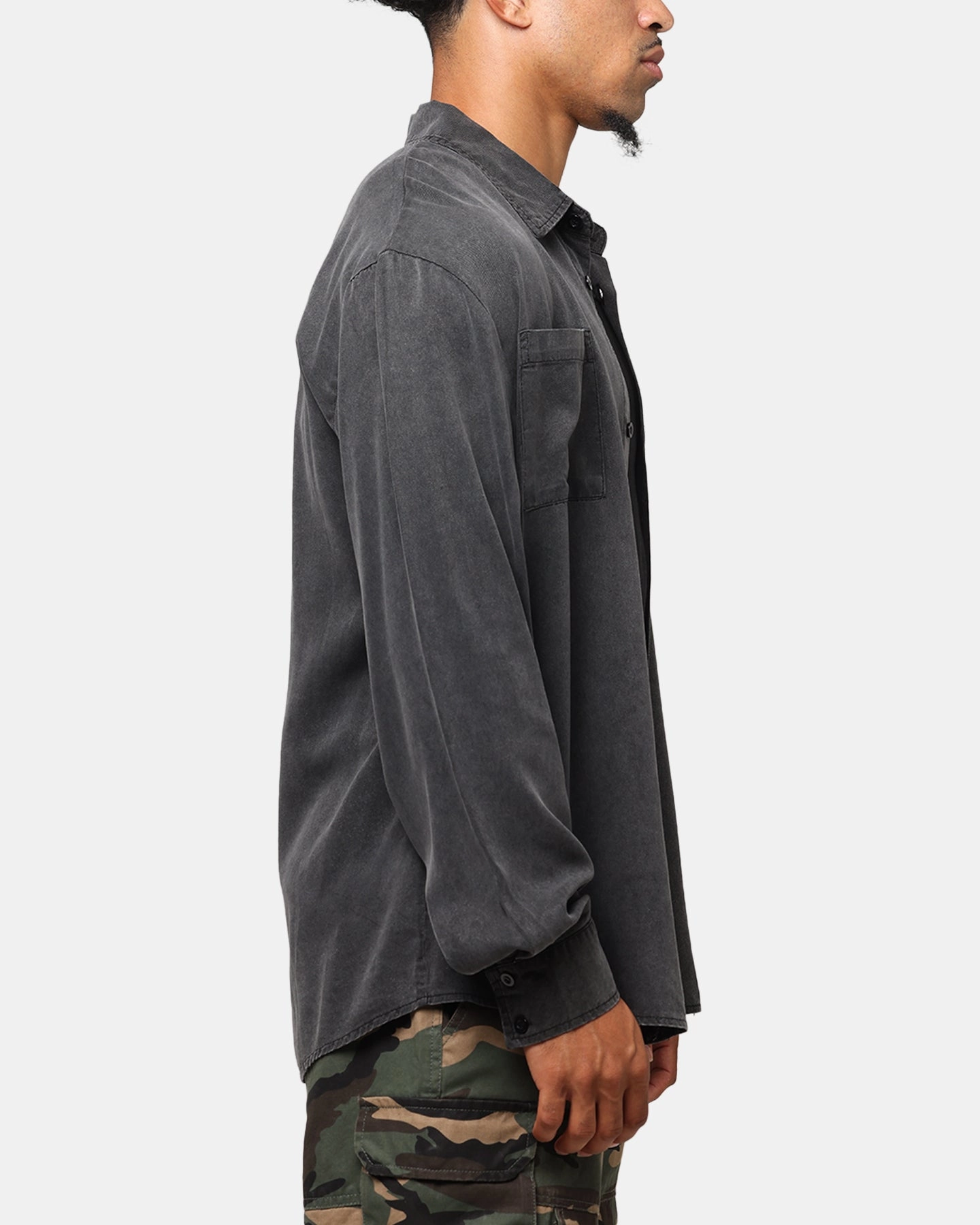 XXIII Acid Wash Button Up Over Shirt Washed Black Mesh Insert