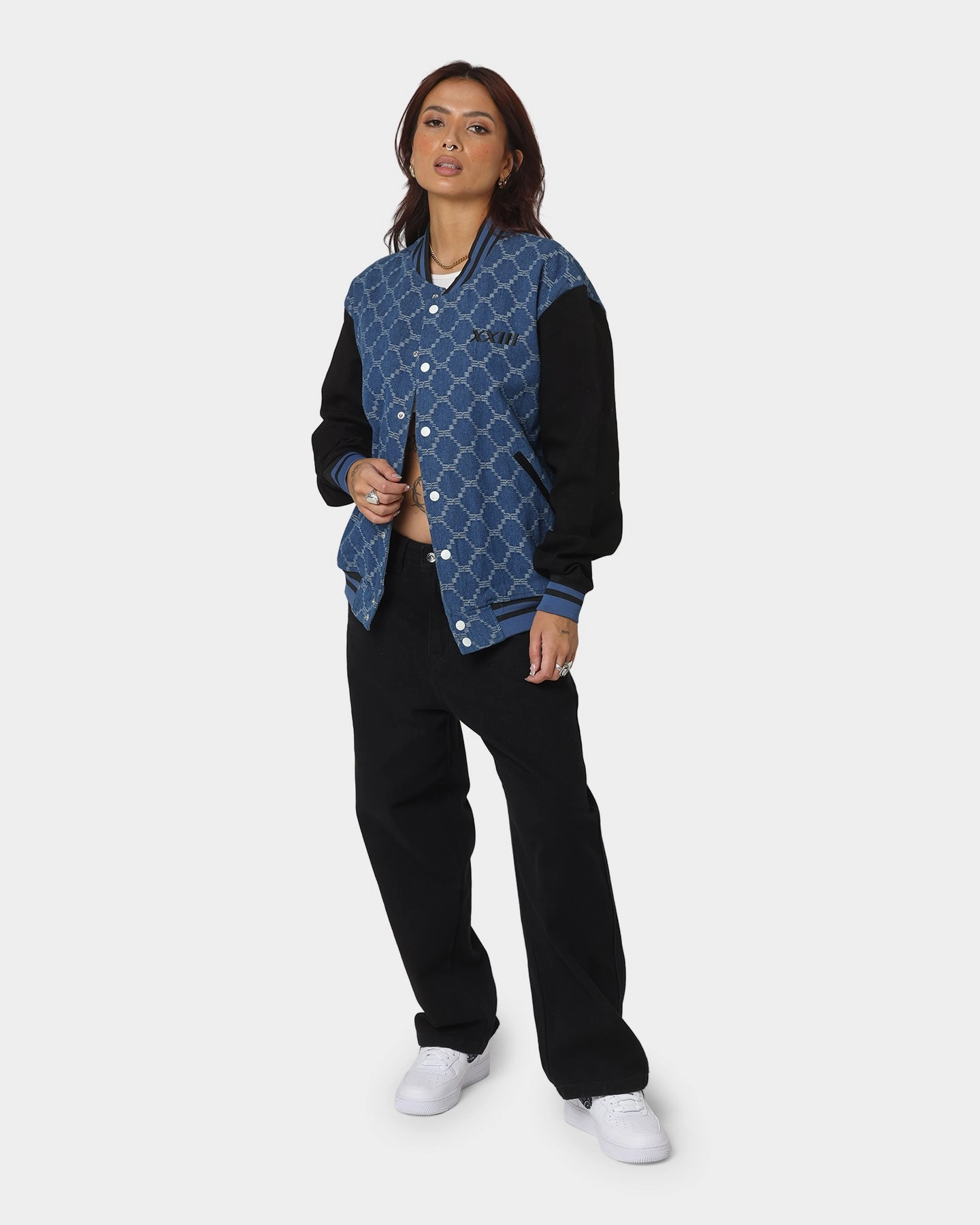 XXIII Athy Denim Baseball Jacket Blue/White Flexible Zipper System hiker