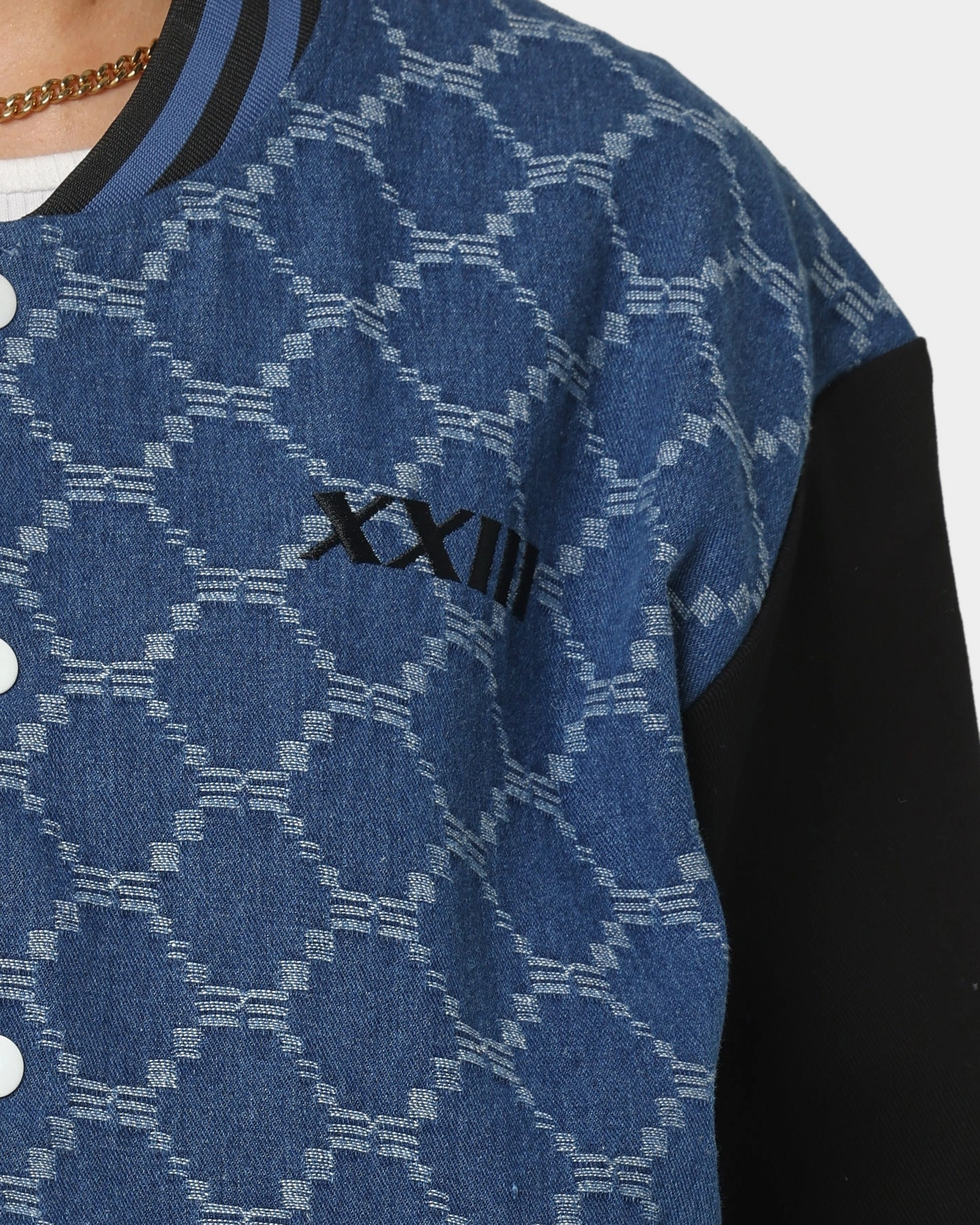 XXIII Athy Denim Baseball Jacket Blue/White Zippered Vents Sport Edge