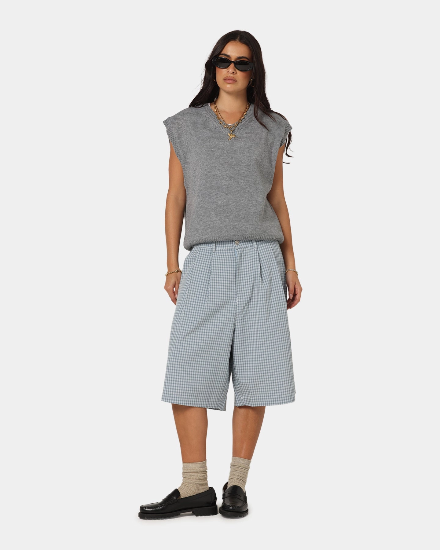 XXIII Baggy Pleated Shorts Blue Check Relaxed Movement