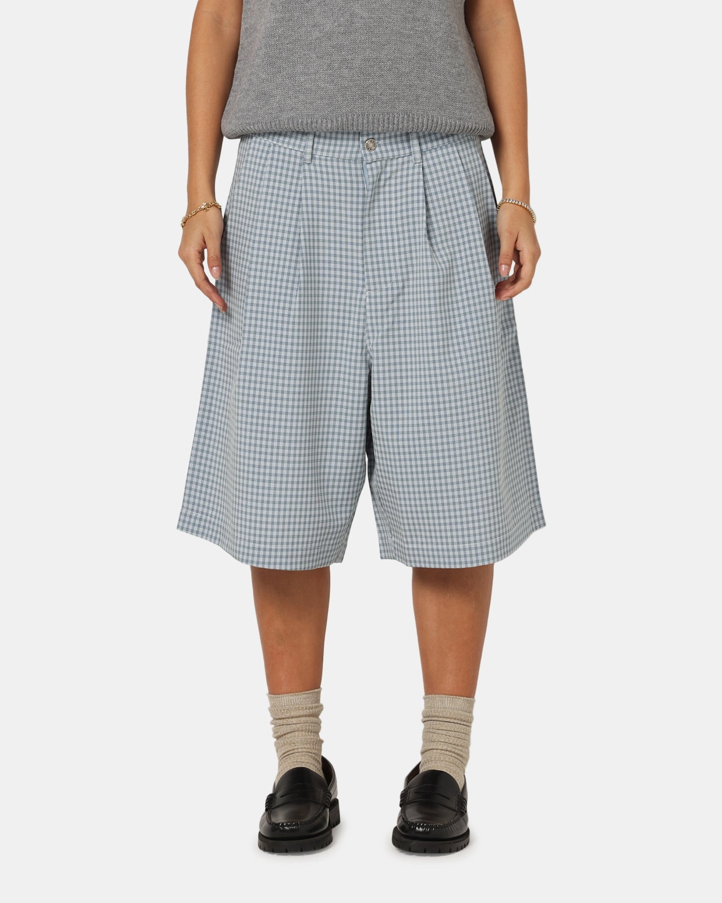 XXIII Baggy Pleated Shorts Blue Check Versatile Layering