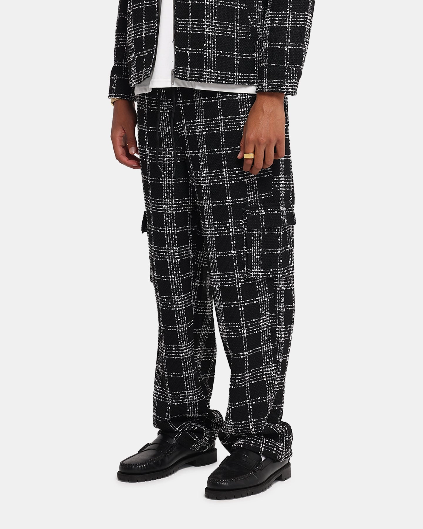 XXIII Boucle Tweed Cargo Pants Black/White Windproof coating
