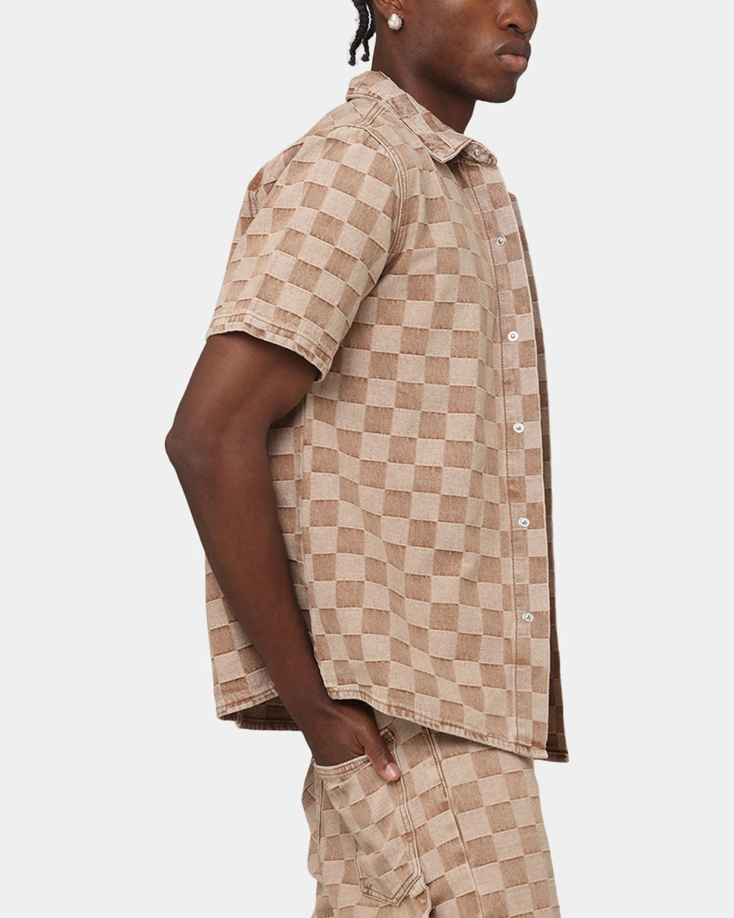 XXIII Checker Board Button Up Shirt Tan Moisture Wicking Layer Classic Look