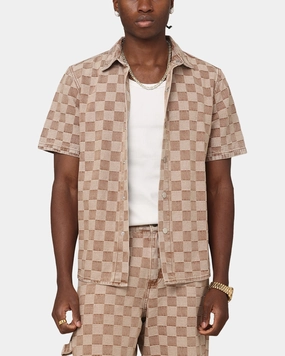 Glossy Texture XXIII Checker Board Button Up Shirt Tan