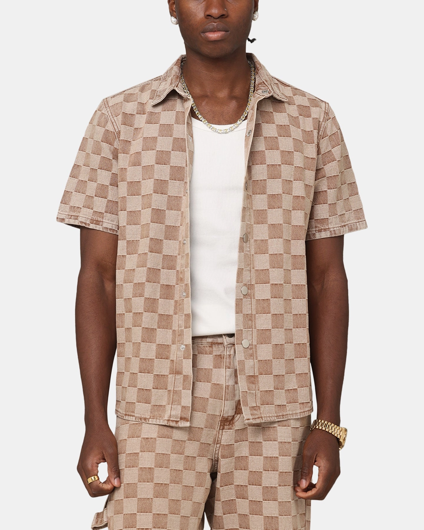 Glossy Texture XXIII Checker Board Button Up Shirt Tan