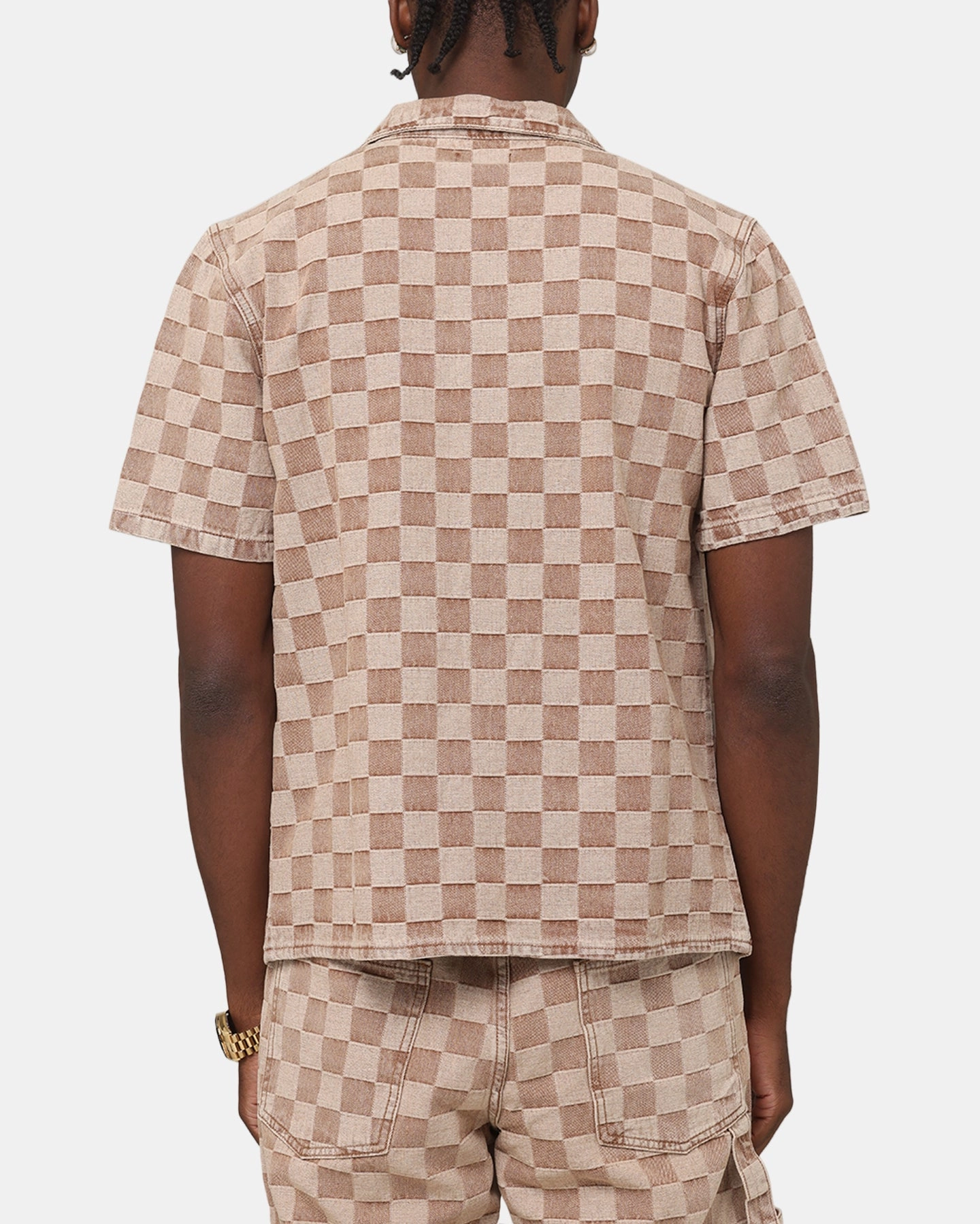 Gym Wear Fashion Forward XXIII Checker Board Button Up Shirt Tan