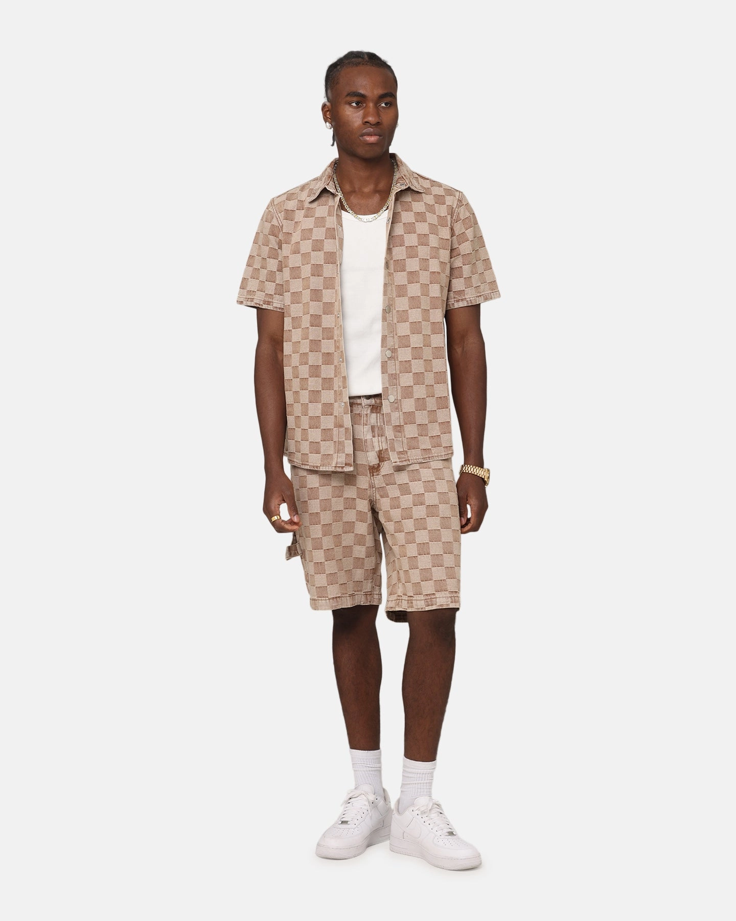 Ruffle Edge XXIII Checker Board Button Up Shirt Tan
