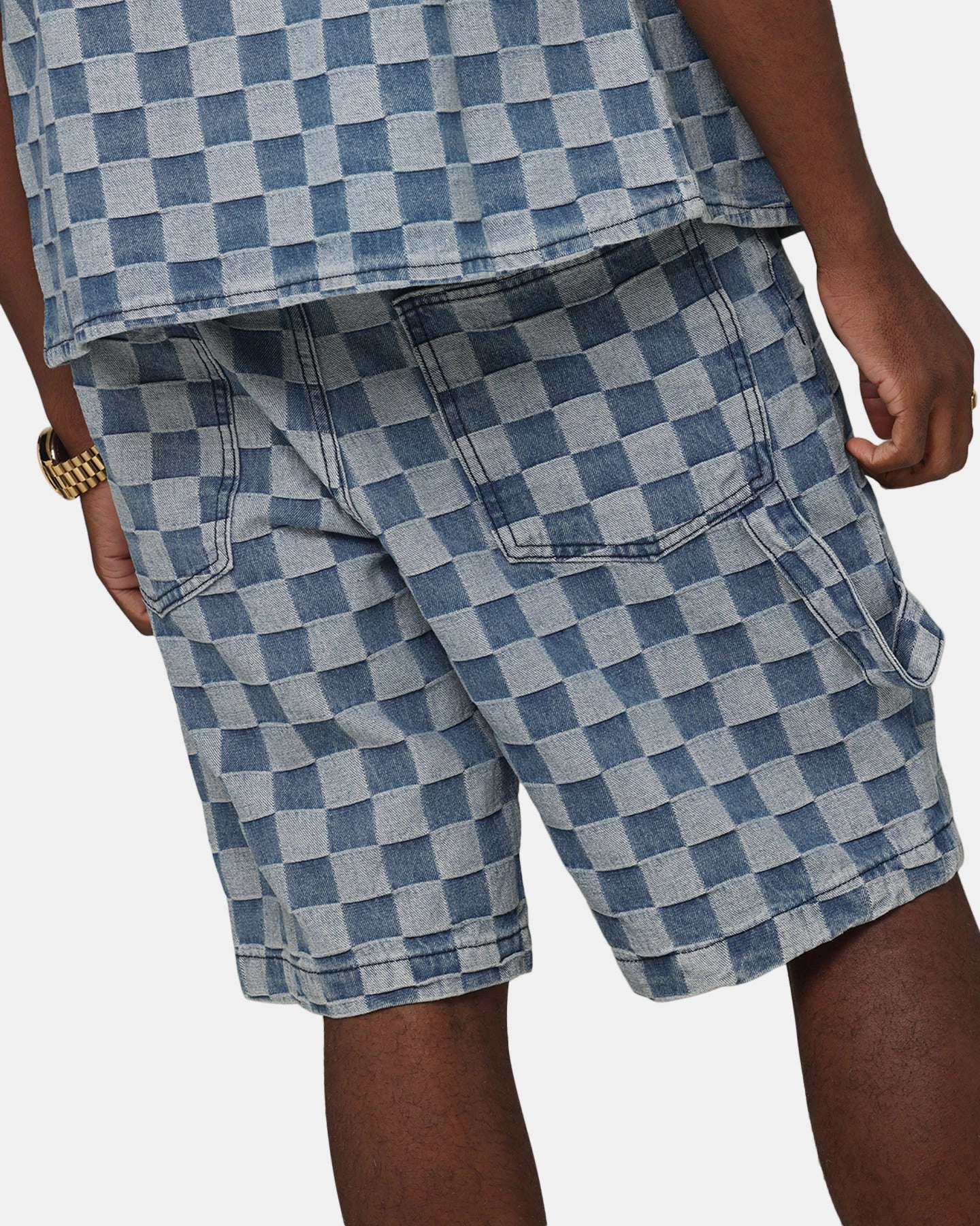 XXIII Checker Board Jort Blue Laser Cut Edges Camouflage Pattern