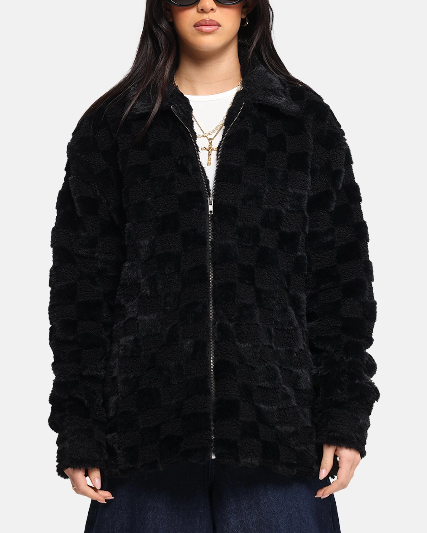 XXIII Checkerboard Fur Jacket Black Seamless Seams suitable for performance costumes