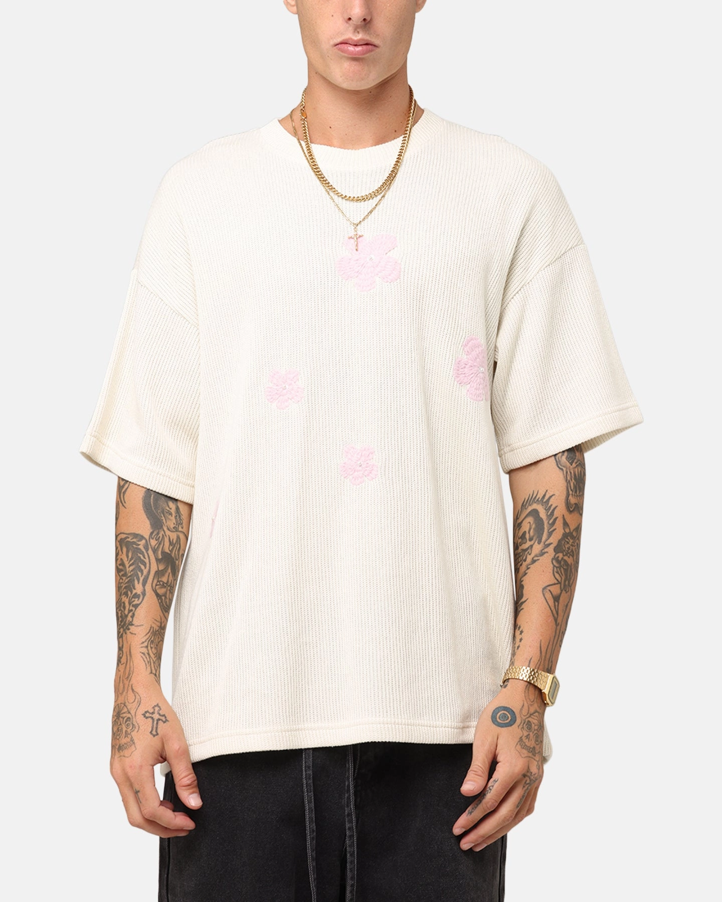 Effortless Style Breathable Wearable XXIII Crochet Flowers T-Shirt Off White