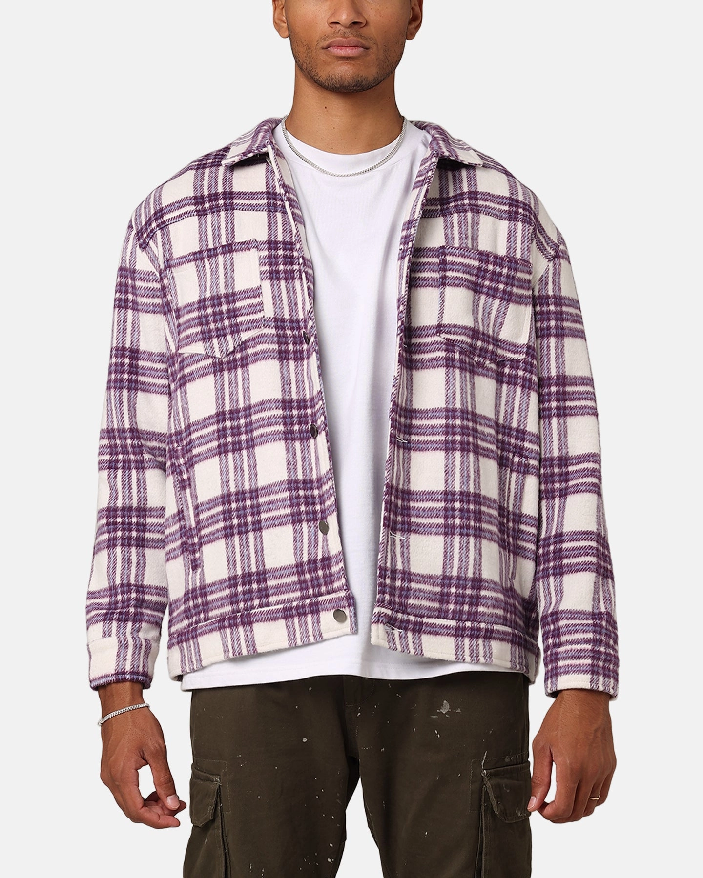 All-Purpose Jacket Interchangeable Collar System XXIII Darby Plaid Shacket Purple/White