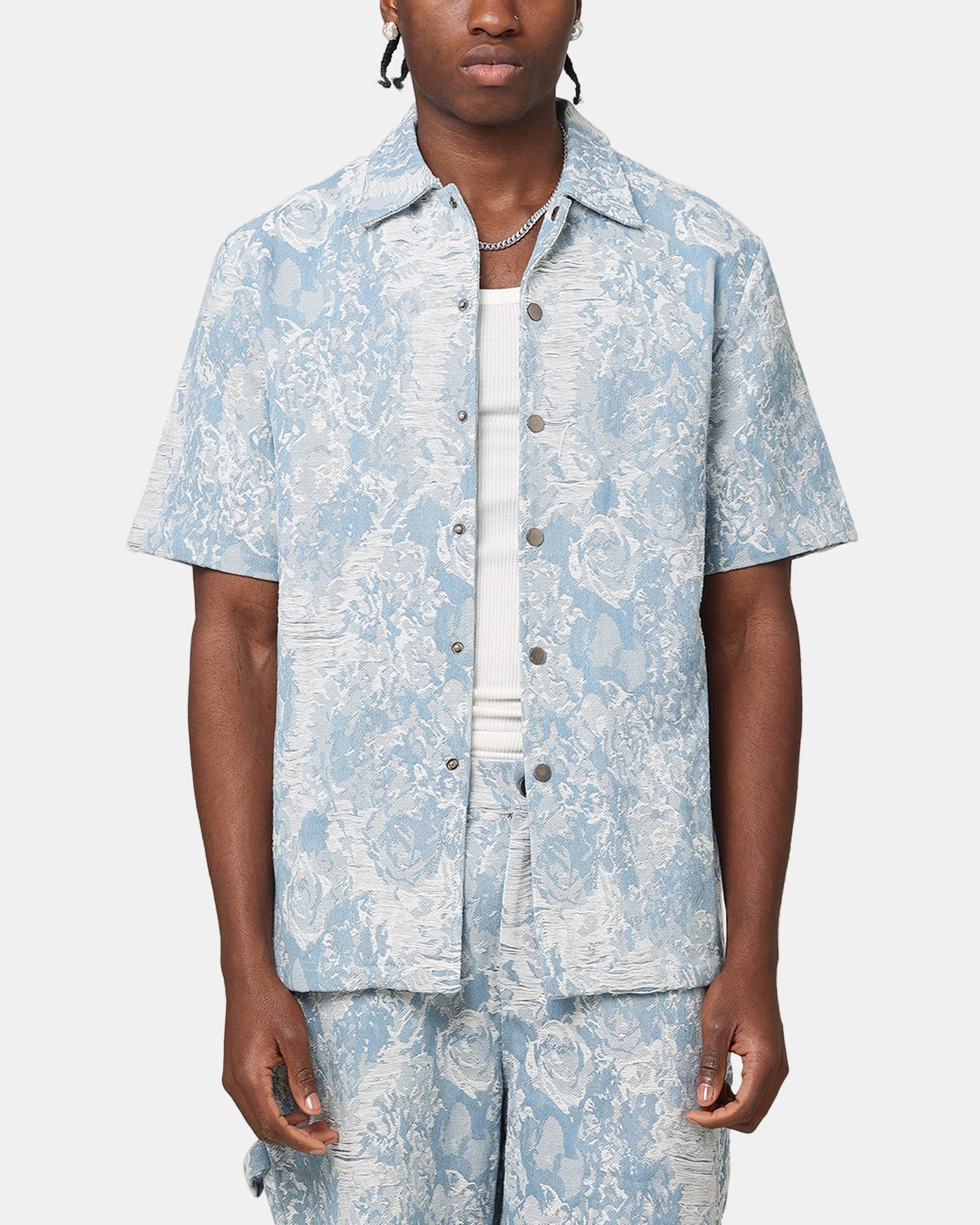 XXIII Denim Jacquard Button Up Shirt Pacific Blue Chic Look