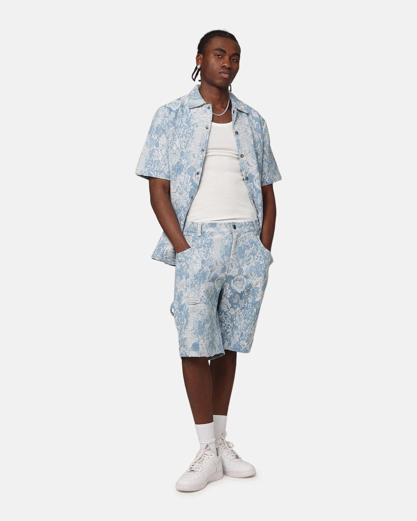 XXIII Denim Jacquard Button Up Shirt Pacific Blue Striped Pattern All-Weather Ready