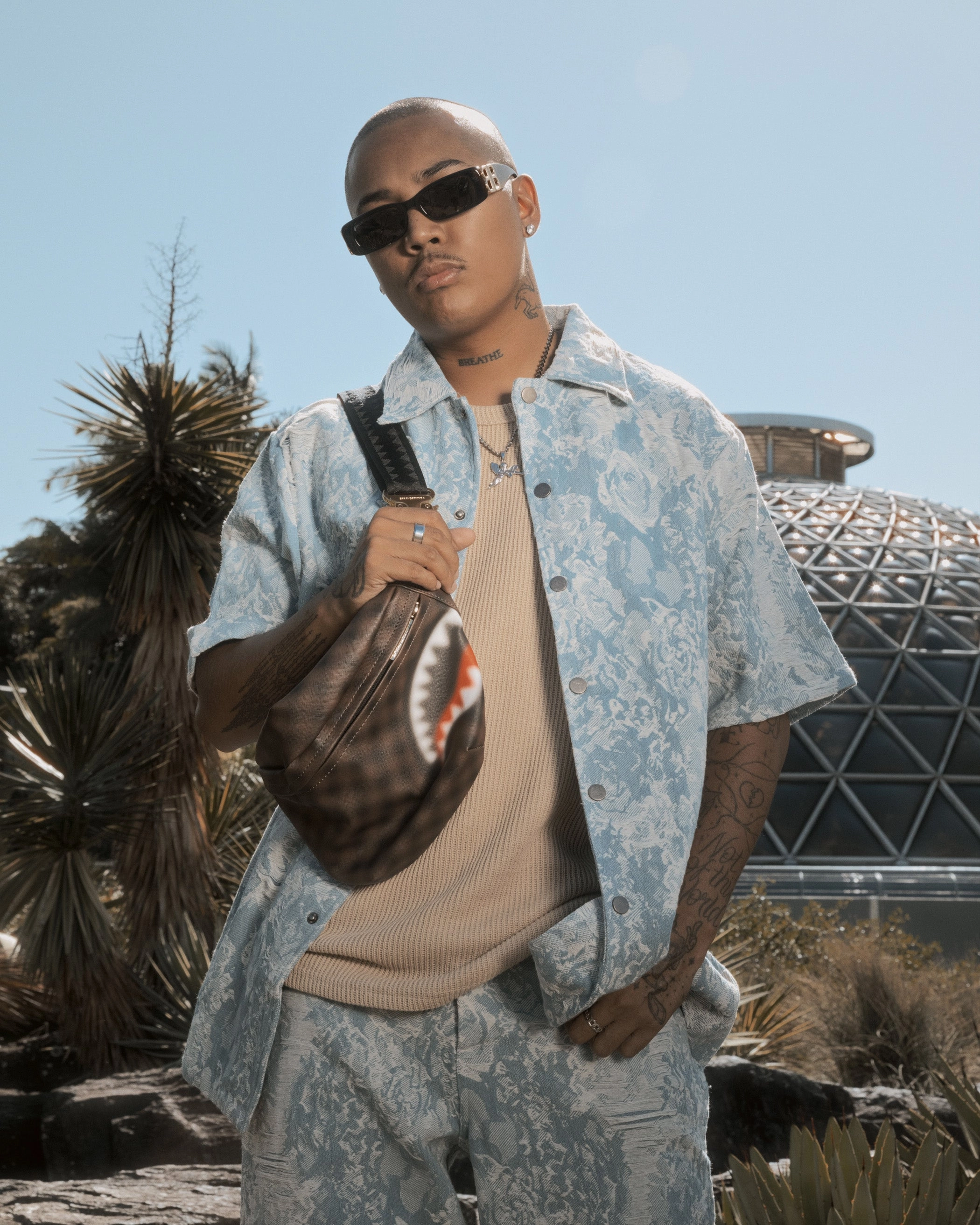 XXIII Denim Jacquard Button Up Shirt Pacific Blue Patterned Design