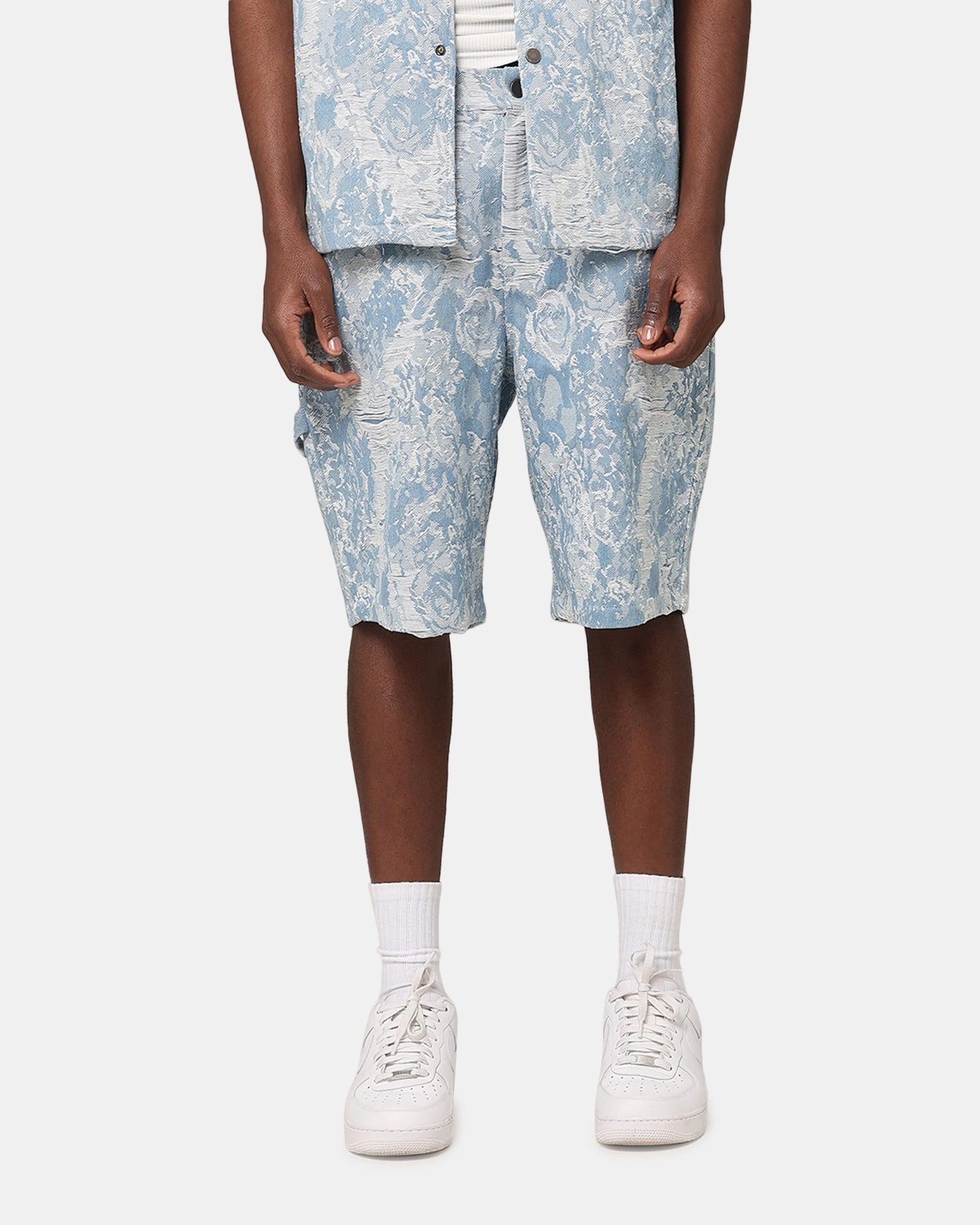 Quick Release Fasteners Elastic Waistband Design XXIII Denim Jacquard Shorts Pacific Blue