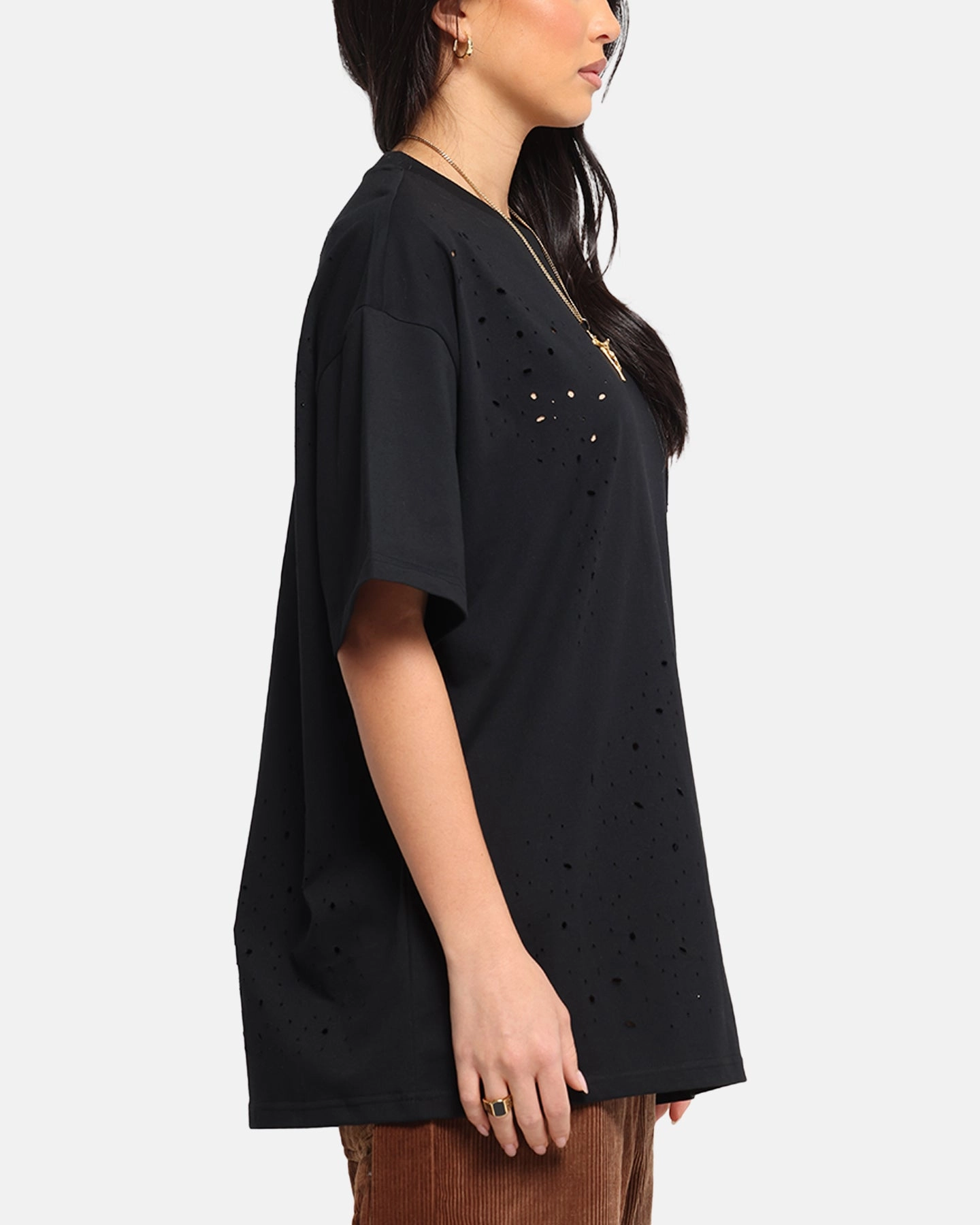 XXIII Distressed T-Shirt Black Breathable Mesh Panels Yarn Dyed Fabric
