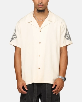 Bold Pattern Fitted Cut XXIII Fleur Linen Button Up Shirt Off White