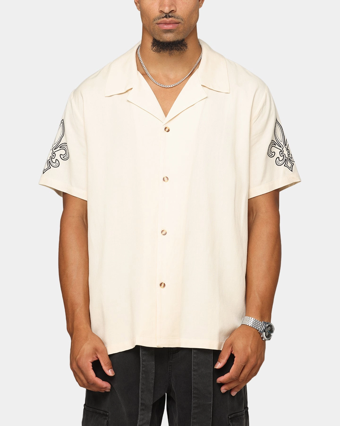 Bold Pattern Fitted Cut XXIII Fleur Linen Button Up Shirt Off White