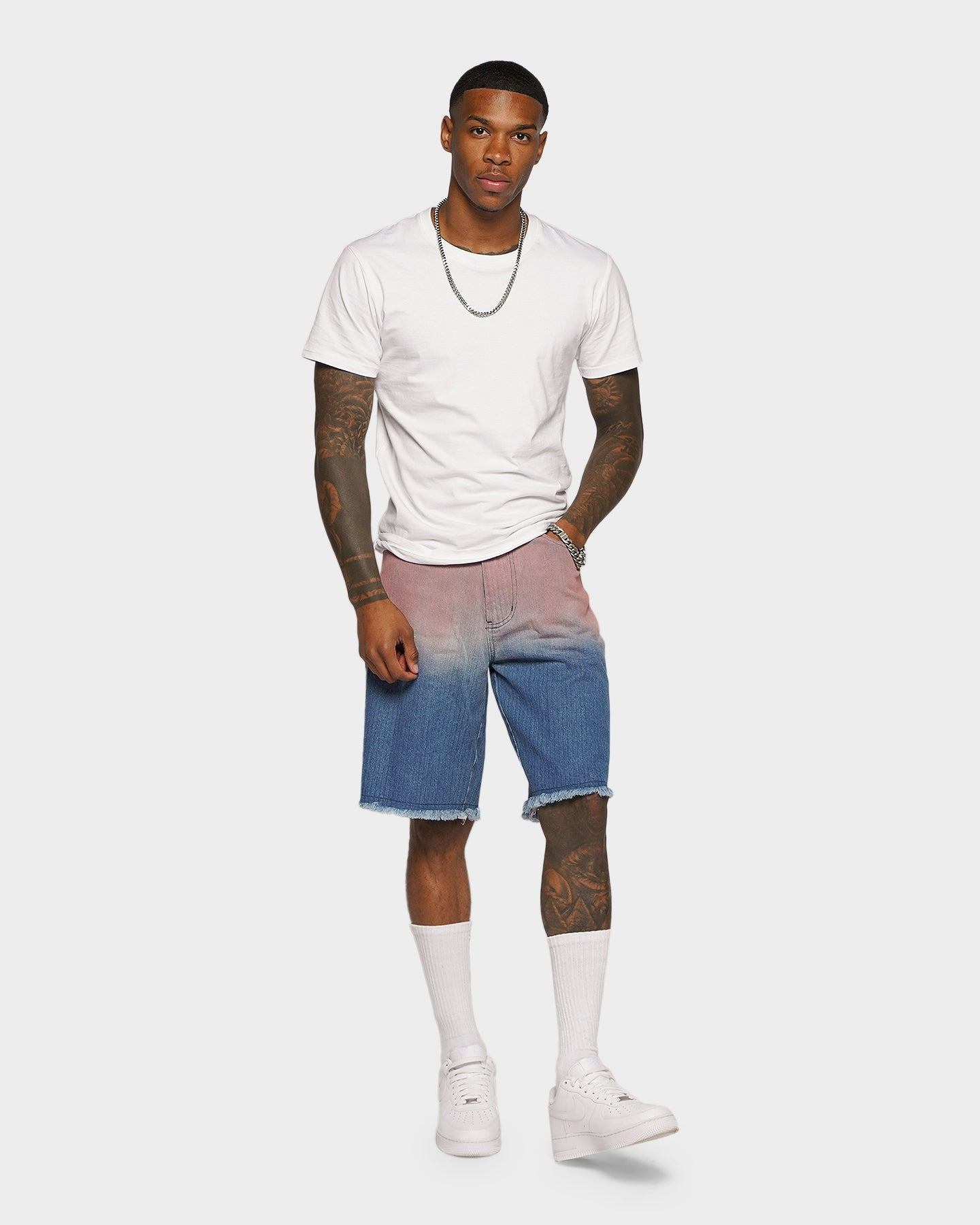 XXIII Huelva Gradient Denim Shorts Blue/Pink Multi Panel Construction