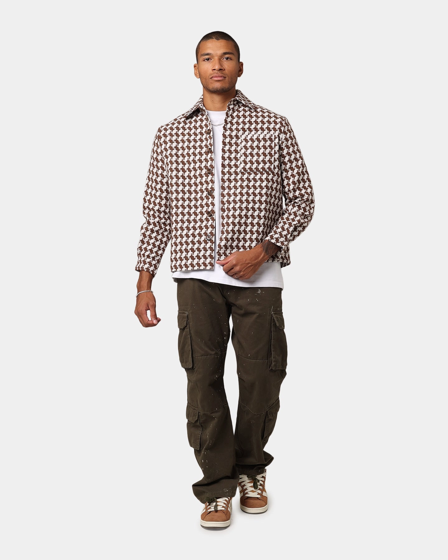 Long-sleeved rainy - day gear XXIII Jacquard Weave Shacket Brown/White