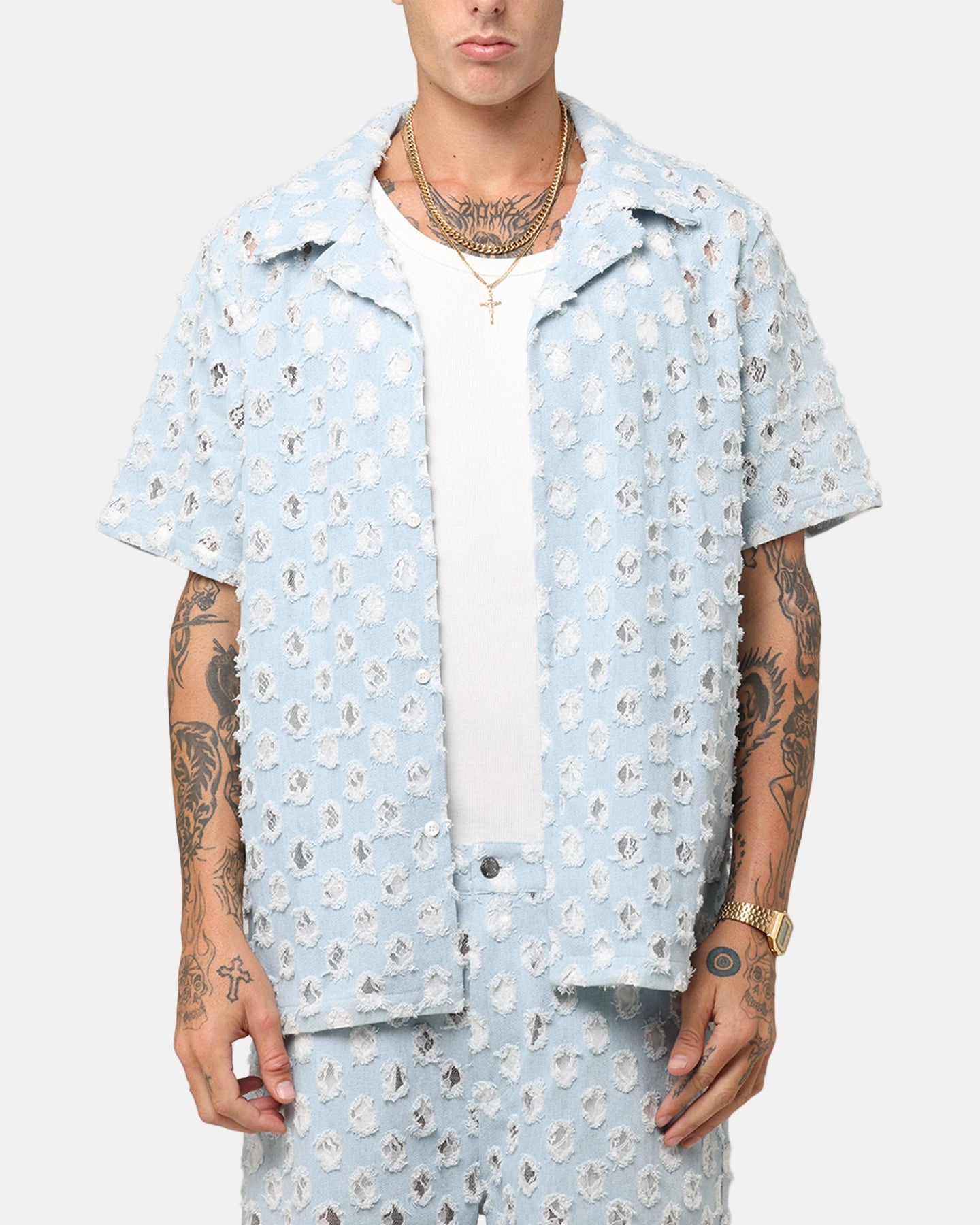 XXIII Lace Textured Denin Button Up Shirt Light Blue Job Interview