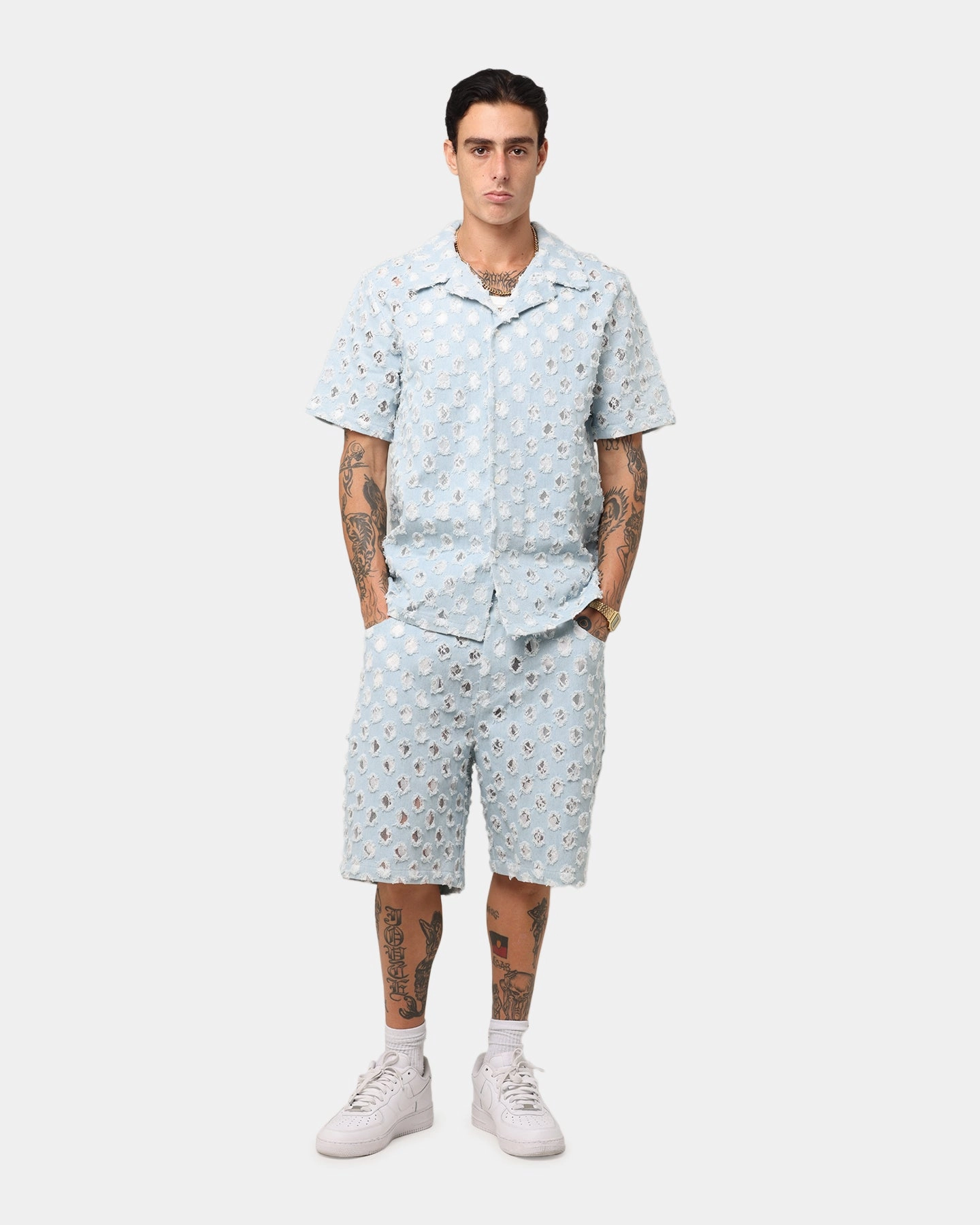 Black Tie Optional Flexible Shoulder Panels XXIII Lace Textured Denin Button Up Shirt Light Blue