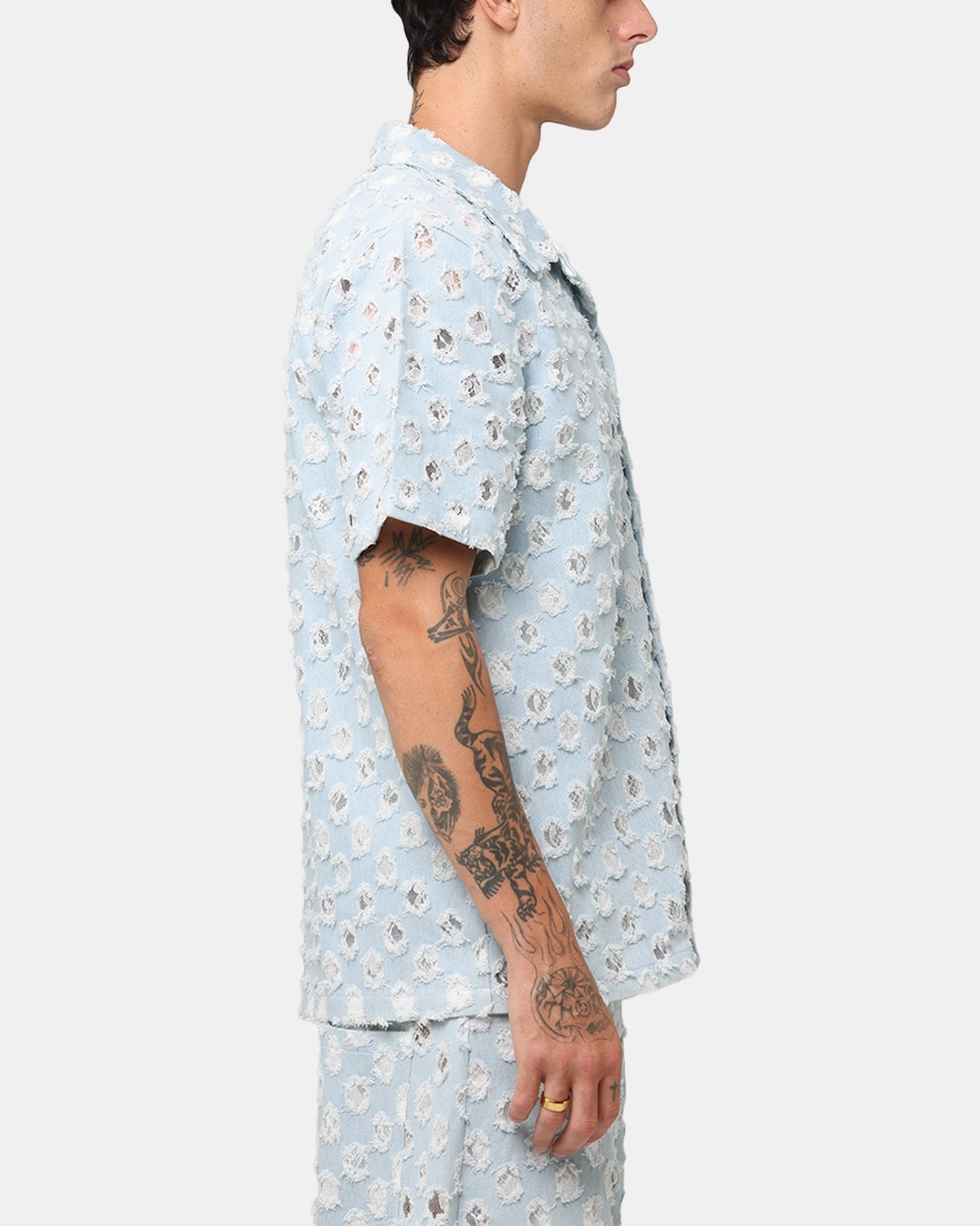 XXIII Lace Textured Denin Button Up Shirt Light Blue Ombre look birthday party