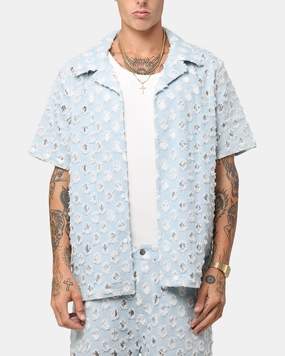 XXIII Lace Textured Denin Button Up Shirt Light Blue Job Interview