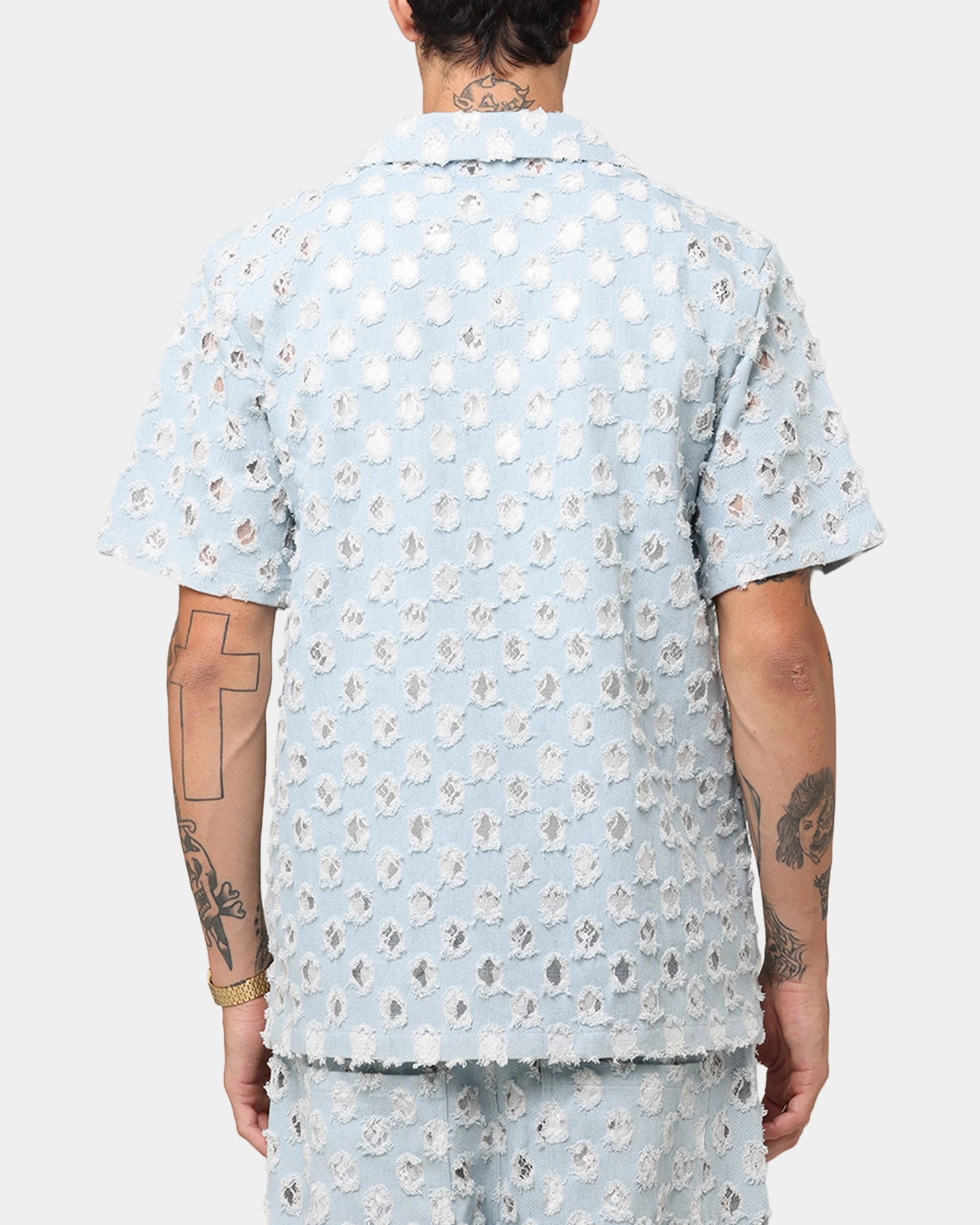 Flexible Shoulder Construction Raw edge XXIII Lace Textured Denin Button Up Shirt Light Blue