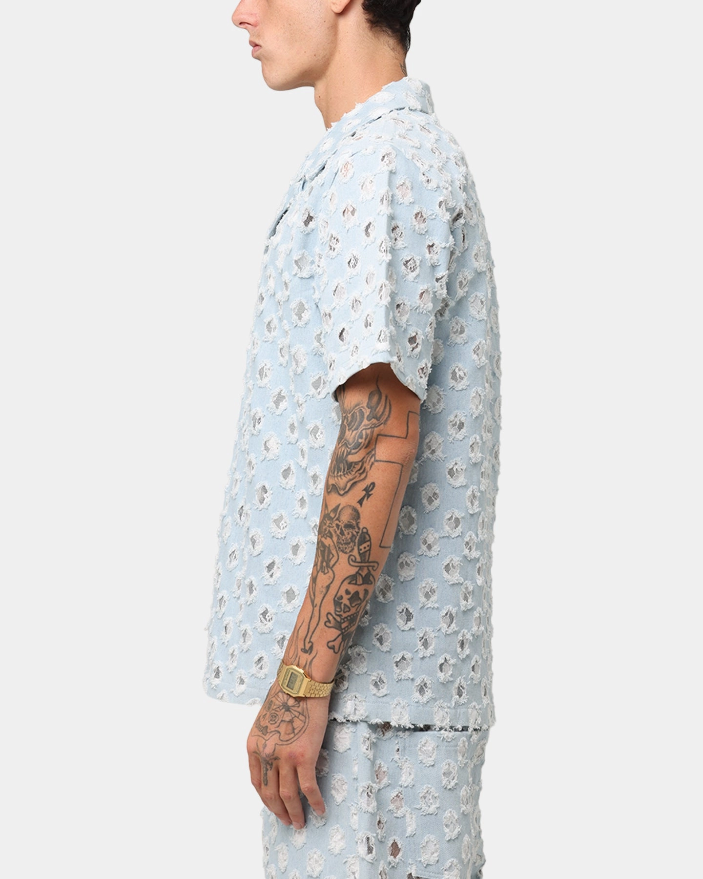 Abstract art Fashion Statement XXIII Lace Textured Denin Button Up Shirt Light Blue