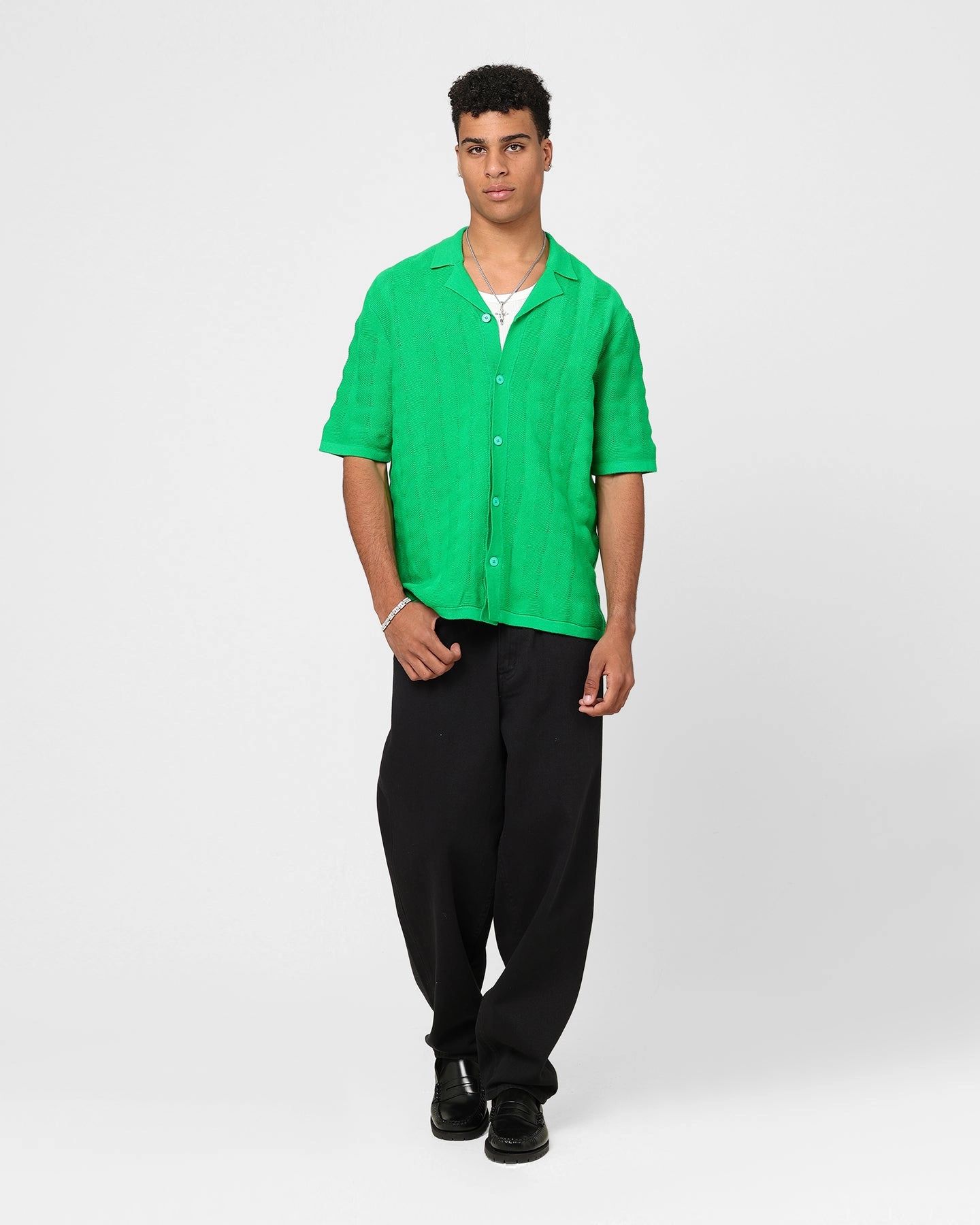 XXIII Lorenzo Knit Button Up Shirt Green Brunch Outfit Weekend Style