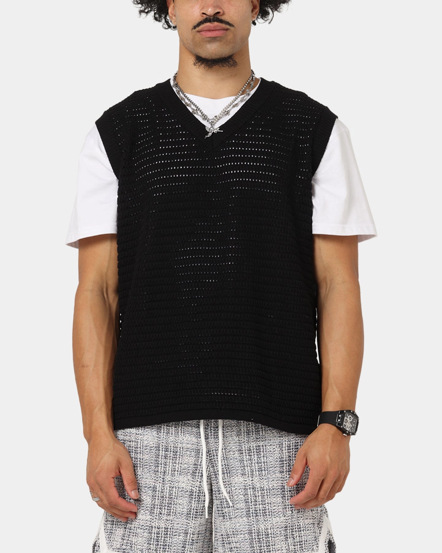 Layered Sleeve XXIII Open Knit Vest Black