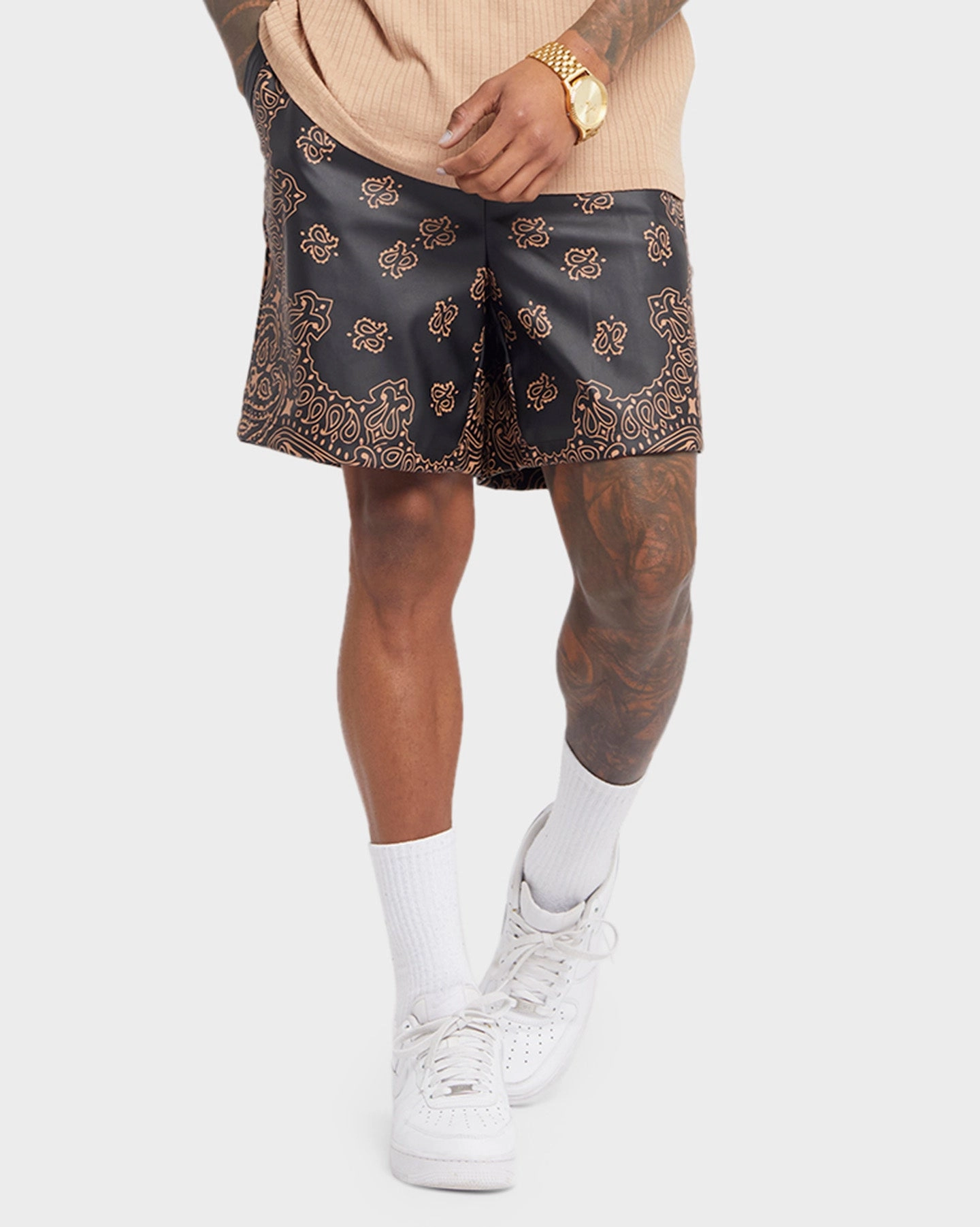 Fitness Enthusiast Contoured Cuff Design XXIII Paisley Printed Pleather Shorts Paisley Black