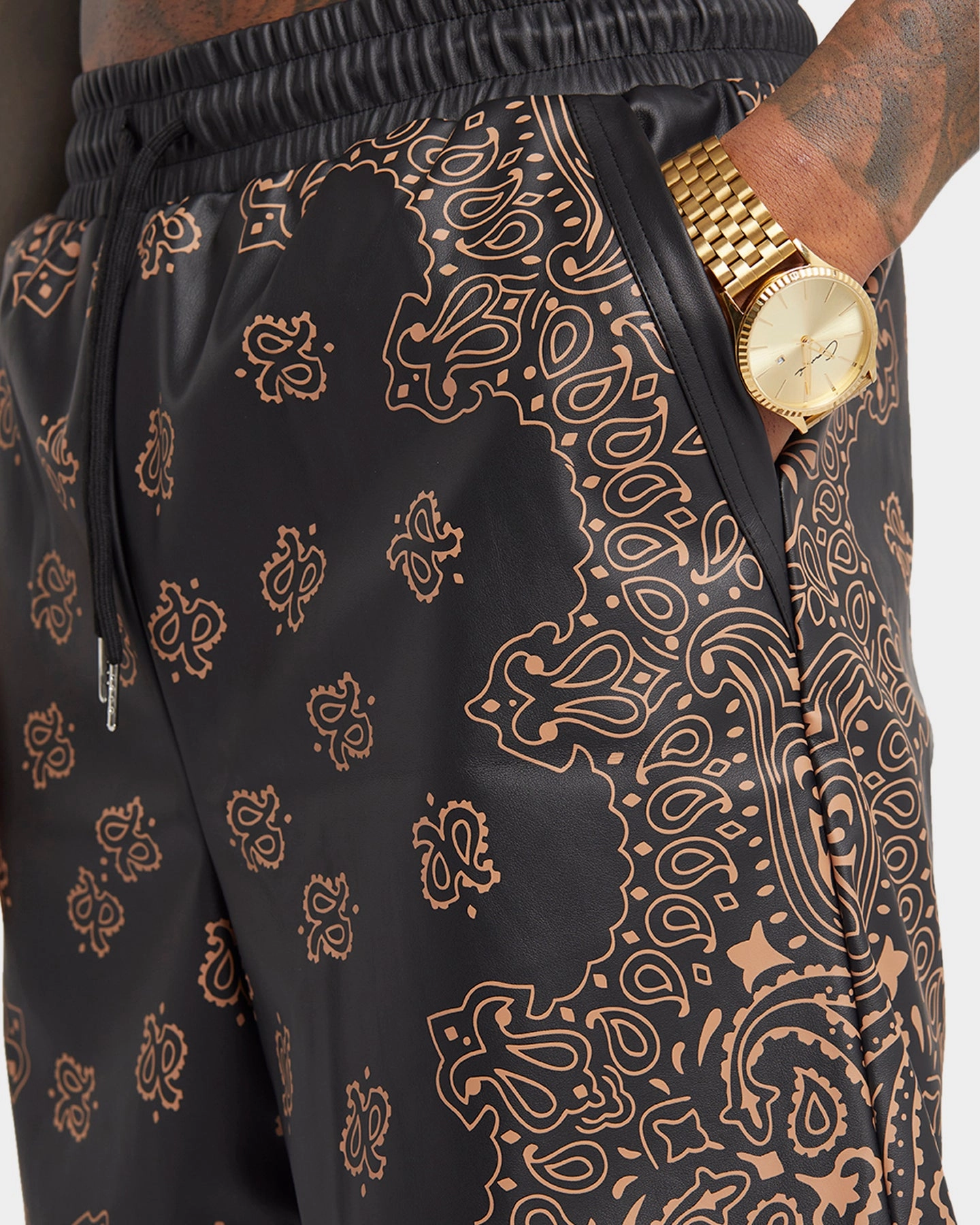 XXIII Paisley Printed Pleather Shorts Paisley Black Athletic Silhouette Abrasion Proof Fabric