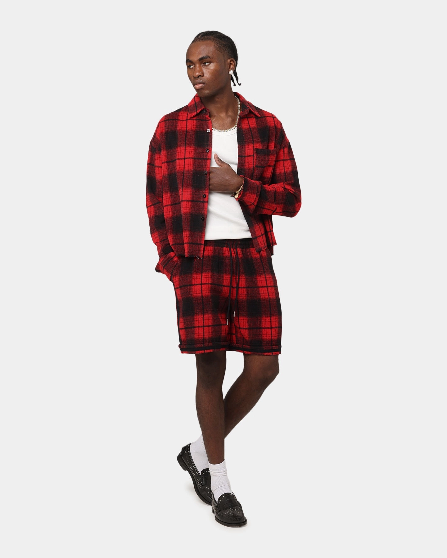 XXIII Plaid Long Sleeve Overshirt Red Odorless Binding Tape Midweight Textile