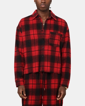 Two Tone Stitching Smart Casual XXIII Plaid Long Sleeve Overshirt Red