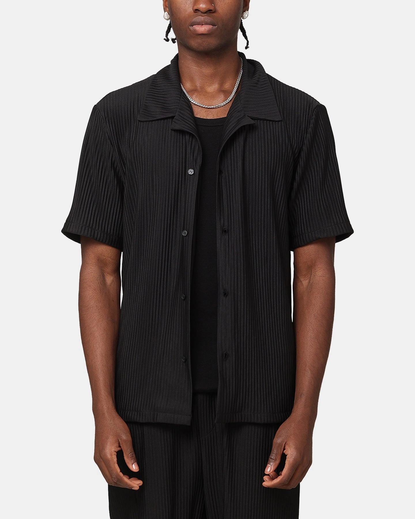 XXIII Pleated Button Up Shirt Black Flexible Placket Structure